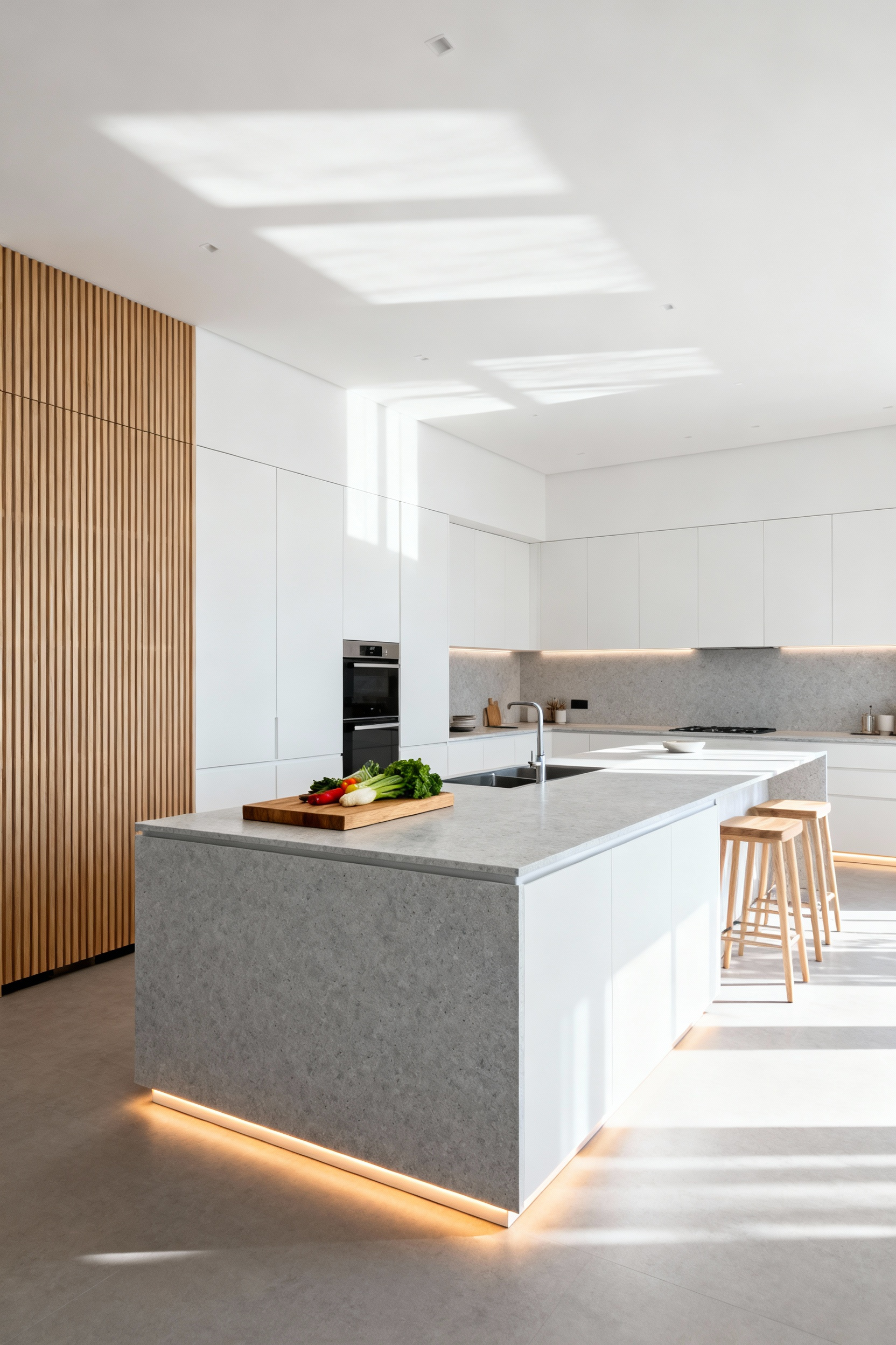 A wide-angle architectural photograph showing a sophisticated modern kitchen layout featuring varying, multi-level counter heights in quartz and matte wood finishes, clearly demonstrating dedicated ergonomic work zones for task efficiency.