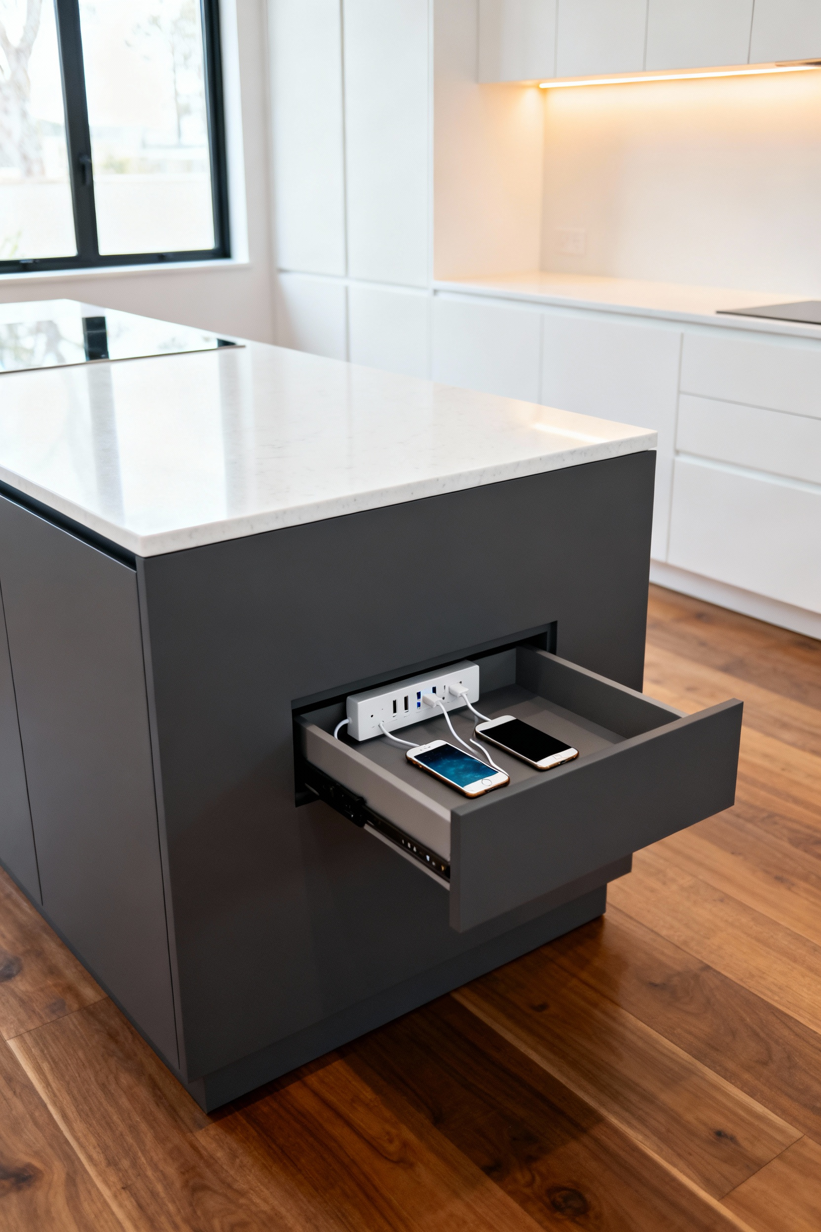 A sleek, minimalist modern kitchen island featuring an integrated charging drawer pulled slightly open, revealing concealed USB ports neatly charging smart devices and eliminating digital cable clutter in a contemporary layout.