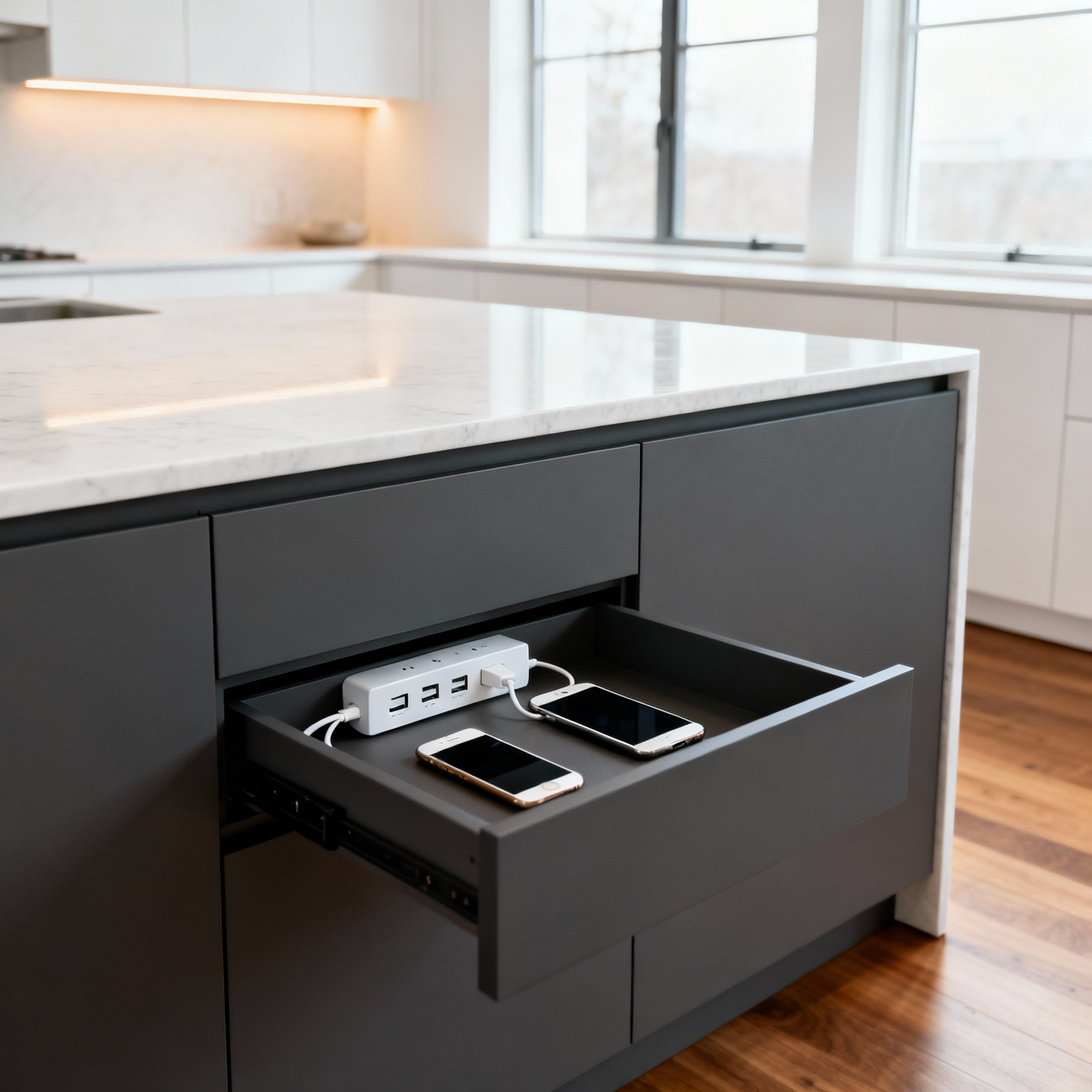 A sleek, minimalist modern kitchen island featuring an integrated charging drawer pulled slightly open, revealing concealed USB ports neatly charging smart devices and eliminating digital cable clutter in a contemporary layout.