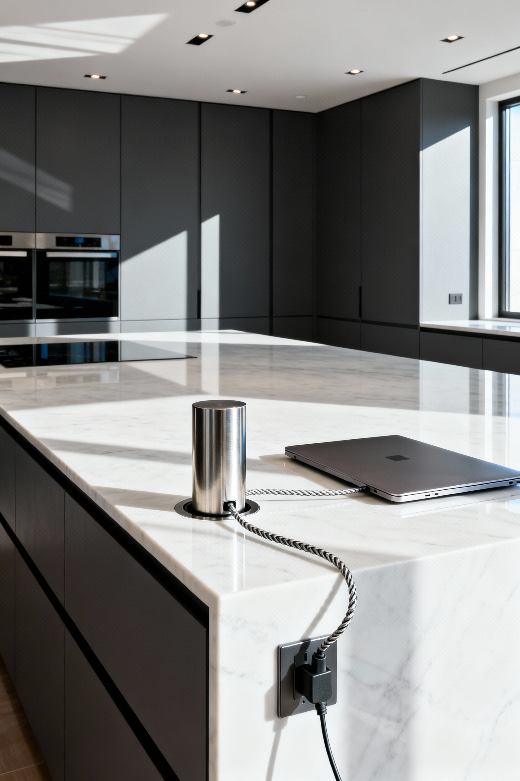 A full view of an ultra-modern kitchen island featuring a seamless white countertop and dark cabinetry base. A subtle pop-up power port is slightly raised from the counter surface, demonstrating integrated connectivity in a minimalist kitchen layout.