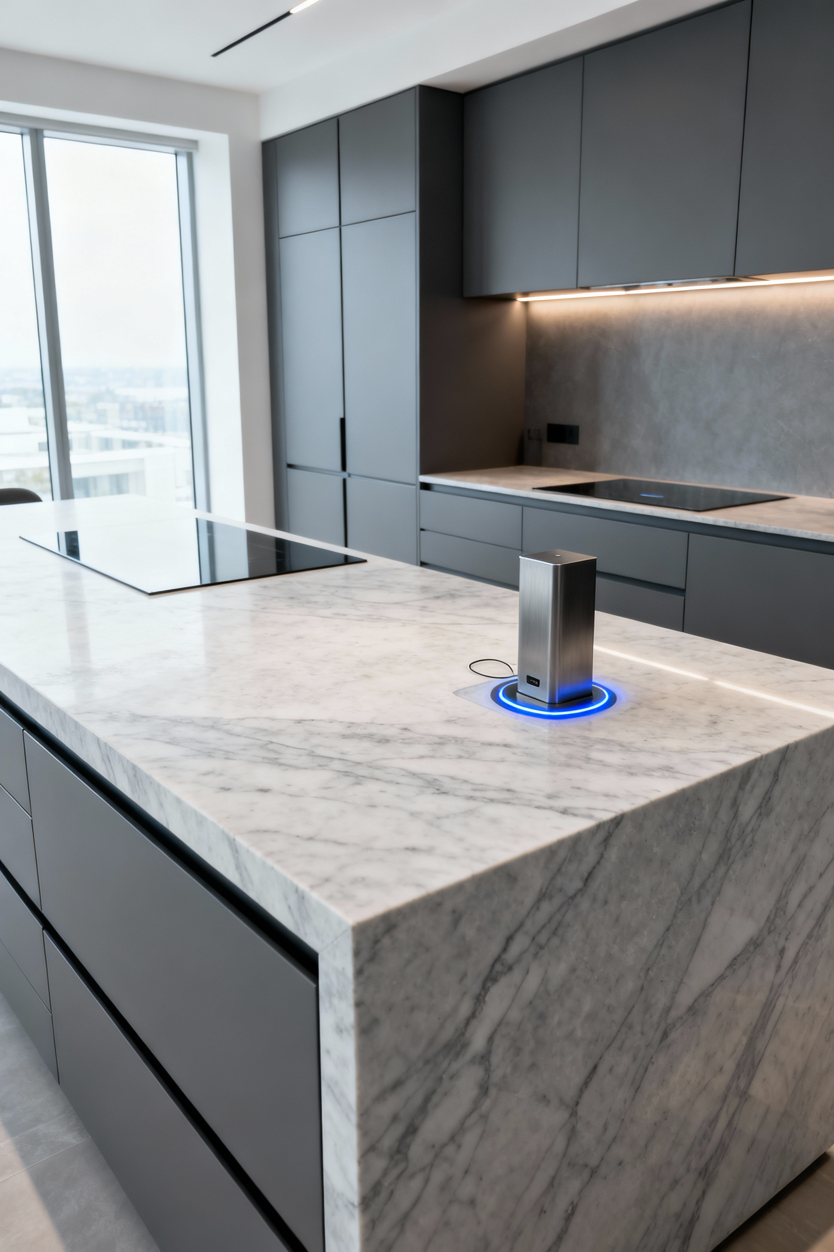 Wide, high-dynamic-range photograph of a minimalist modern kitchen featuring a thick stone island countertop with embedded wireless charging indicators and a retractable pop-up power socket, showcasing seamless, handle-less cabinetry.