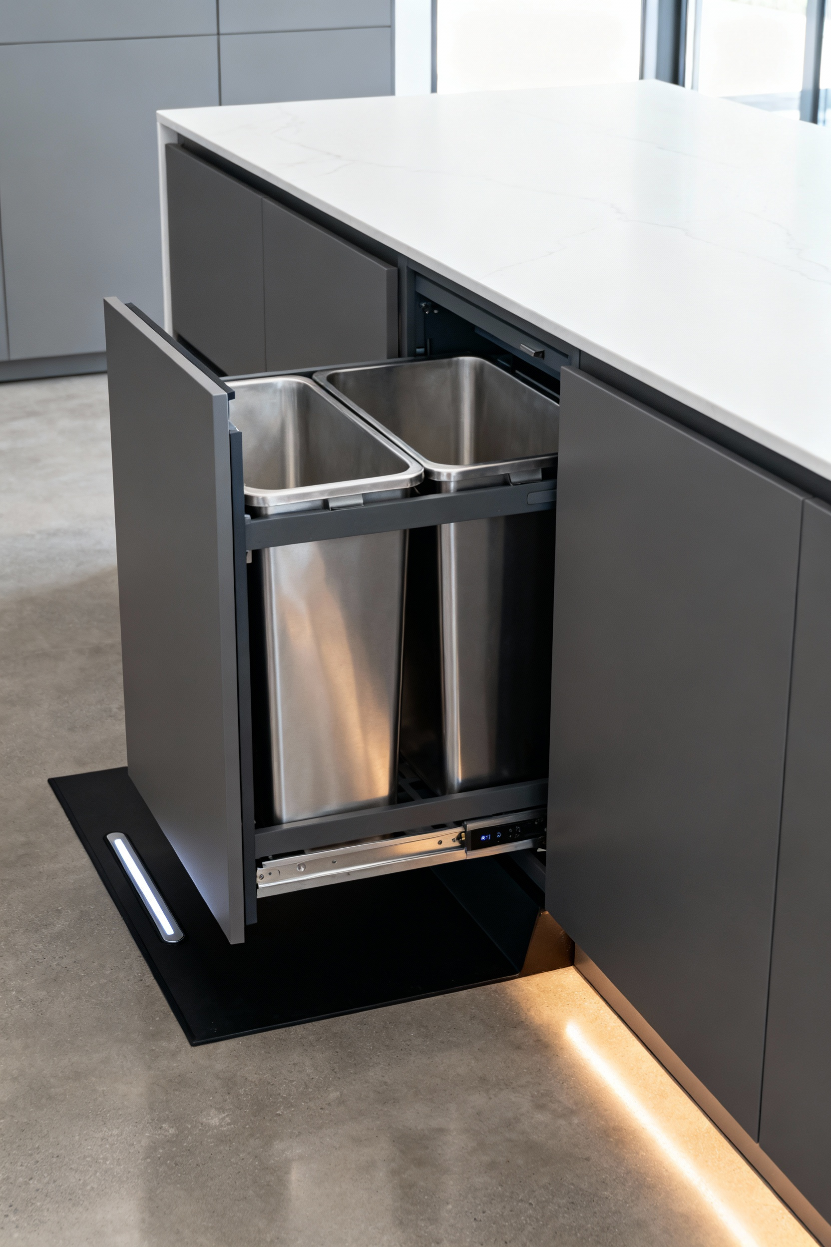 A sleek, modern slate-gray kitchen base cabinet partially open, revealing integrated stainless steel trash and recycling bins, highlighting a hands-free automated waste solution activated by a discreet toe-kick sensor.