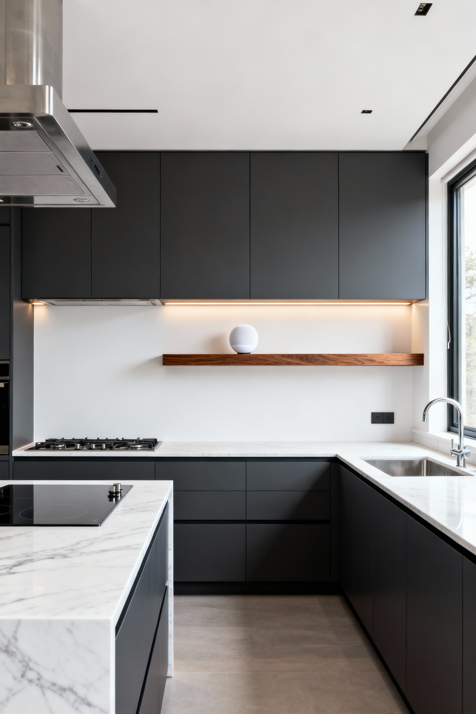 Detailed view of a modern charcoal gray kitchen showing a dedicated floating walnut 'Command Shelf' placed centrally at eye level for a smart voice assistant, strategically away from the range hood and sink area.