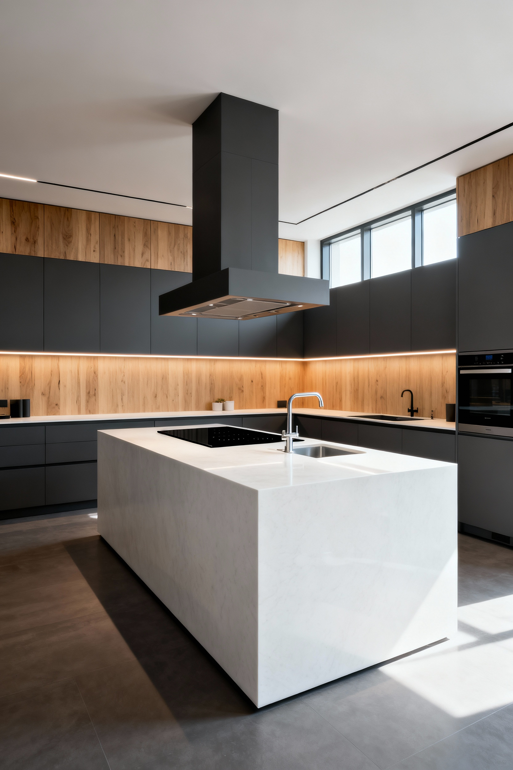 A panoramic view of an efficient, linear modern kitchen featuring sequential zones for storage, prep, cooking, serving, and cleaning. The minimalist design uses matte dark gray cabinetry, integrated appliances, and a massive white quartz island.