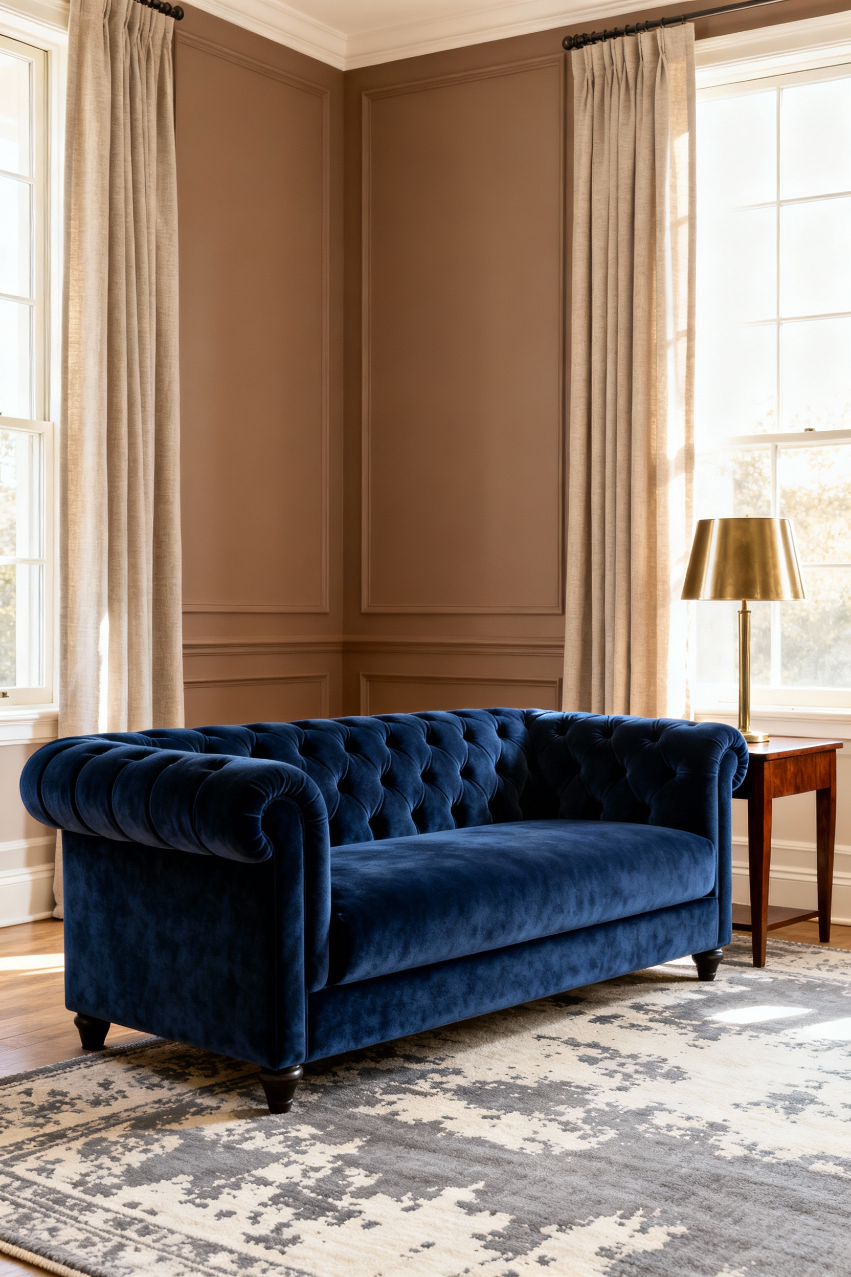 A New Traditional living room featuring a tailored deep marine blue Chesterfield sofa upholstered in performance fabric, emphasizing elegance and durability.