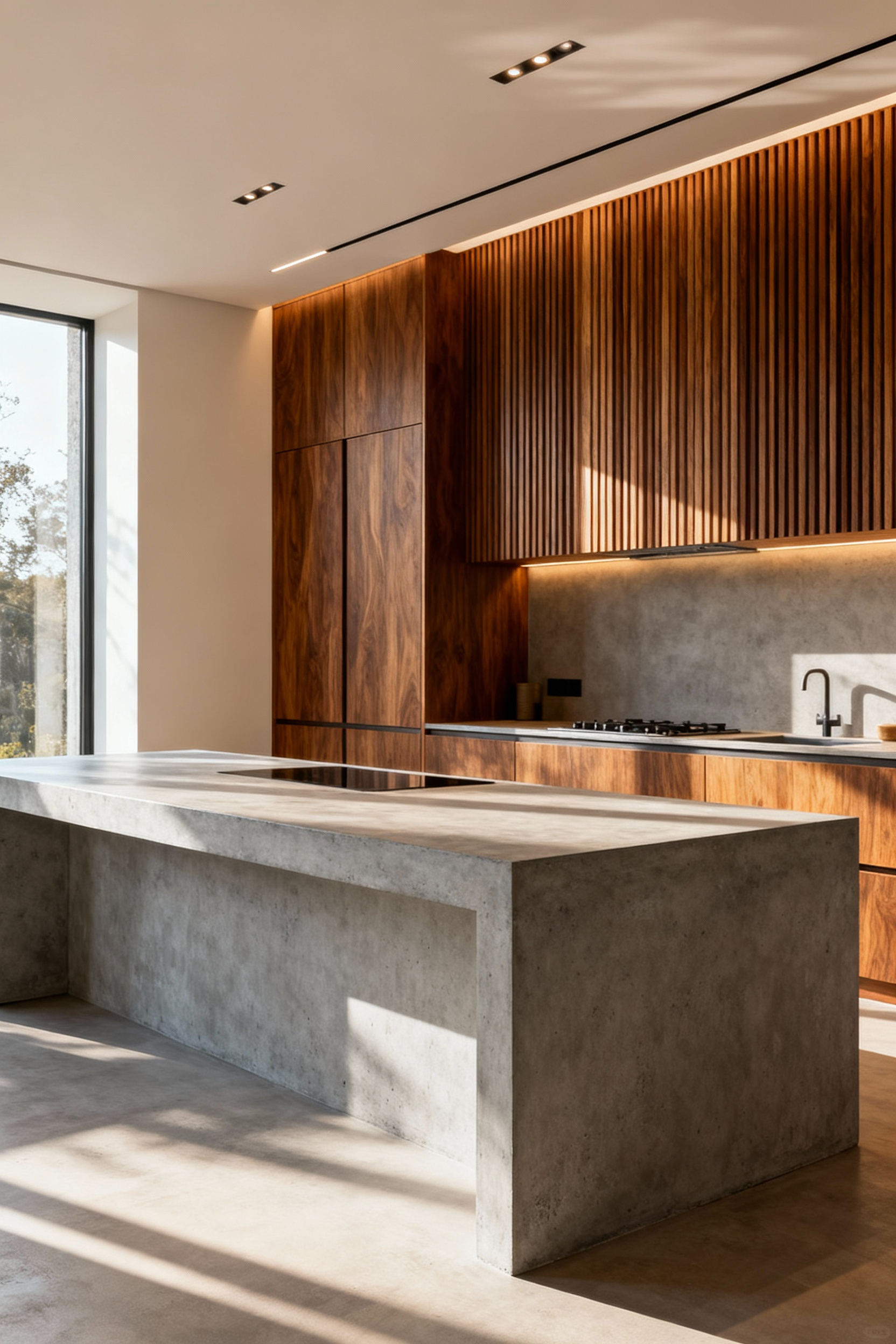 A luxury Organic Modern kitchen featuring matte raw concrete countertops and a backsplash made of vertical warm walnut wood slats, emphasizing the contrast between the cool industrial and warm natural materials.