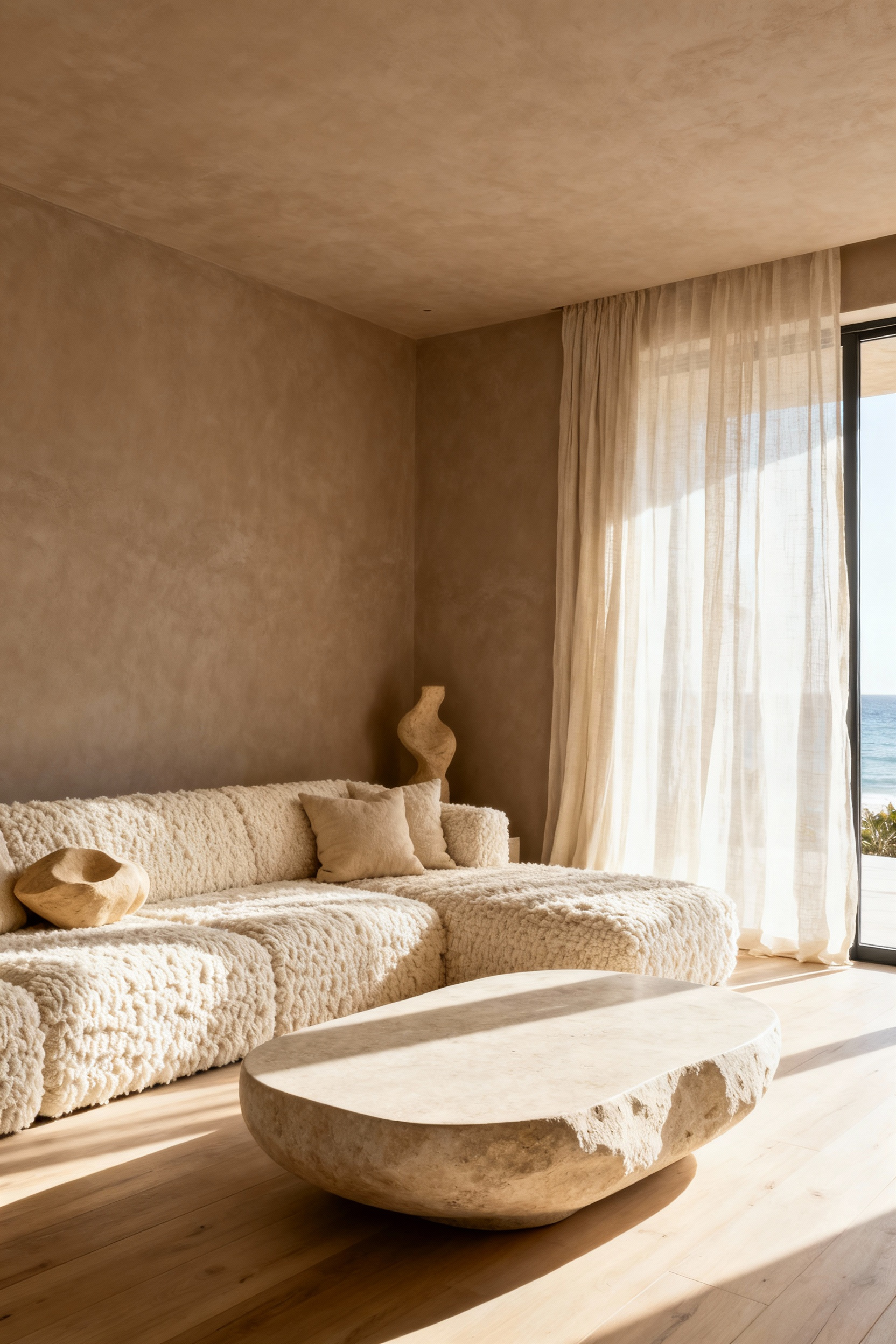Organic modern living room emphasizing a warm neutral palette of cream, beige, and taupe to mimic a resort villa aesthetic, featuring a linen sofa and travertine coffee table under bright diffused sunlight.
