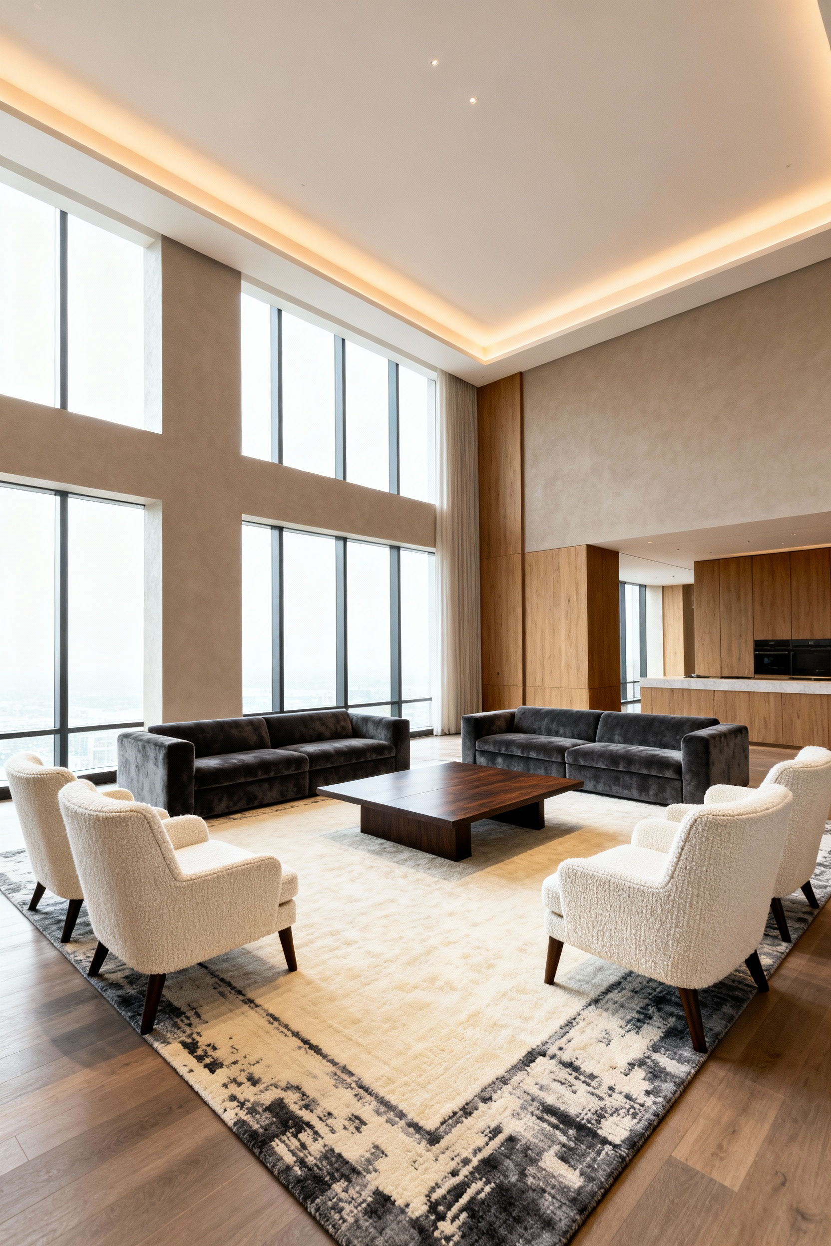 Wide architectural photo showcasing an oversized cream and charcoal area rug zoning a large luxury living room. The front legs of the charcoal velvet sofas and boucle armchairs are placed on the rug, anchoring the furniture grouping in the open space.