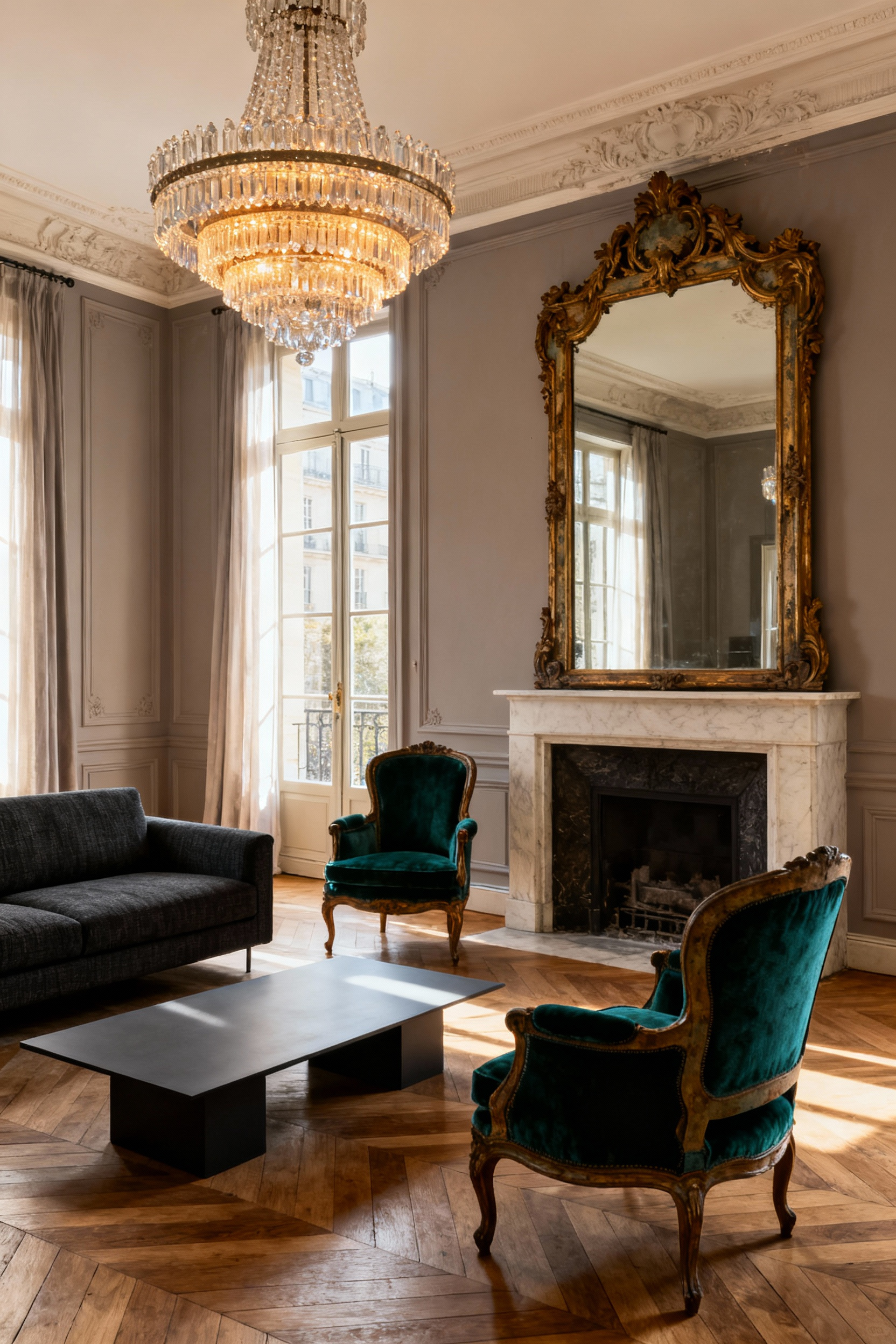 An opulent Parisian living room combining a sleek modern charcoal sofa with ornate vintage emerald velvet fauteuils and a large gilded mirror, illustrating the curated mismatch design style.