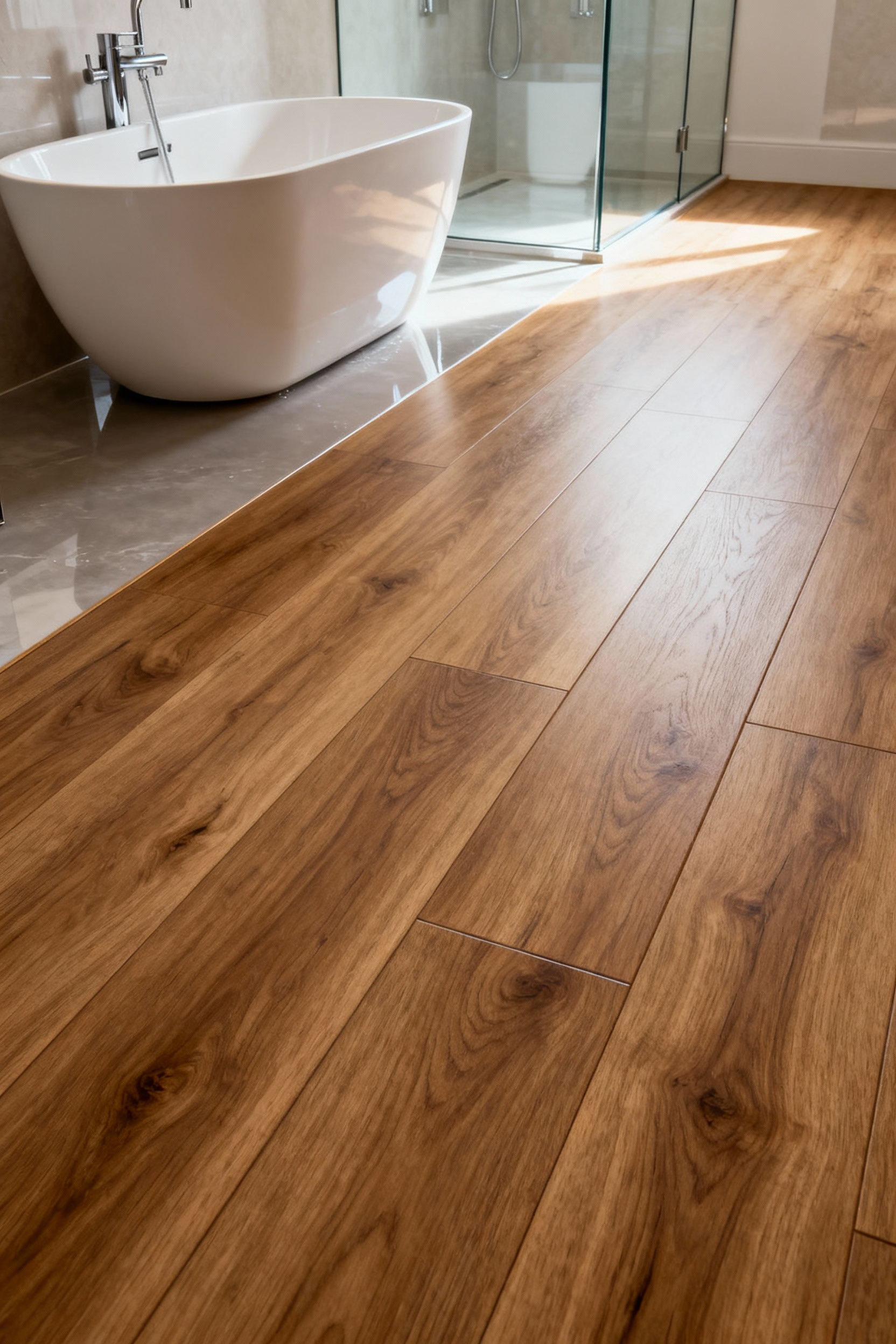 A luxurious modern bathroom with wide-plank precision-engineered vinyl flooring that mimics natural oak wood, featuring a freestanding white bathtub.