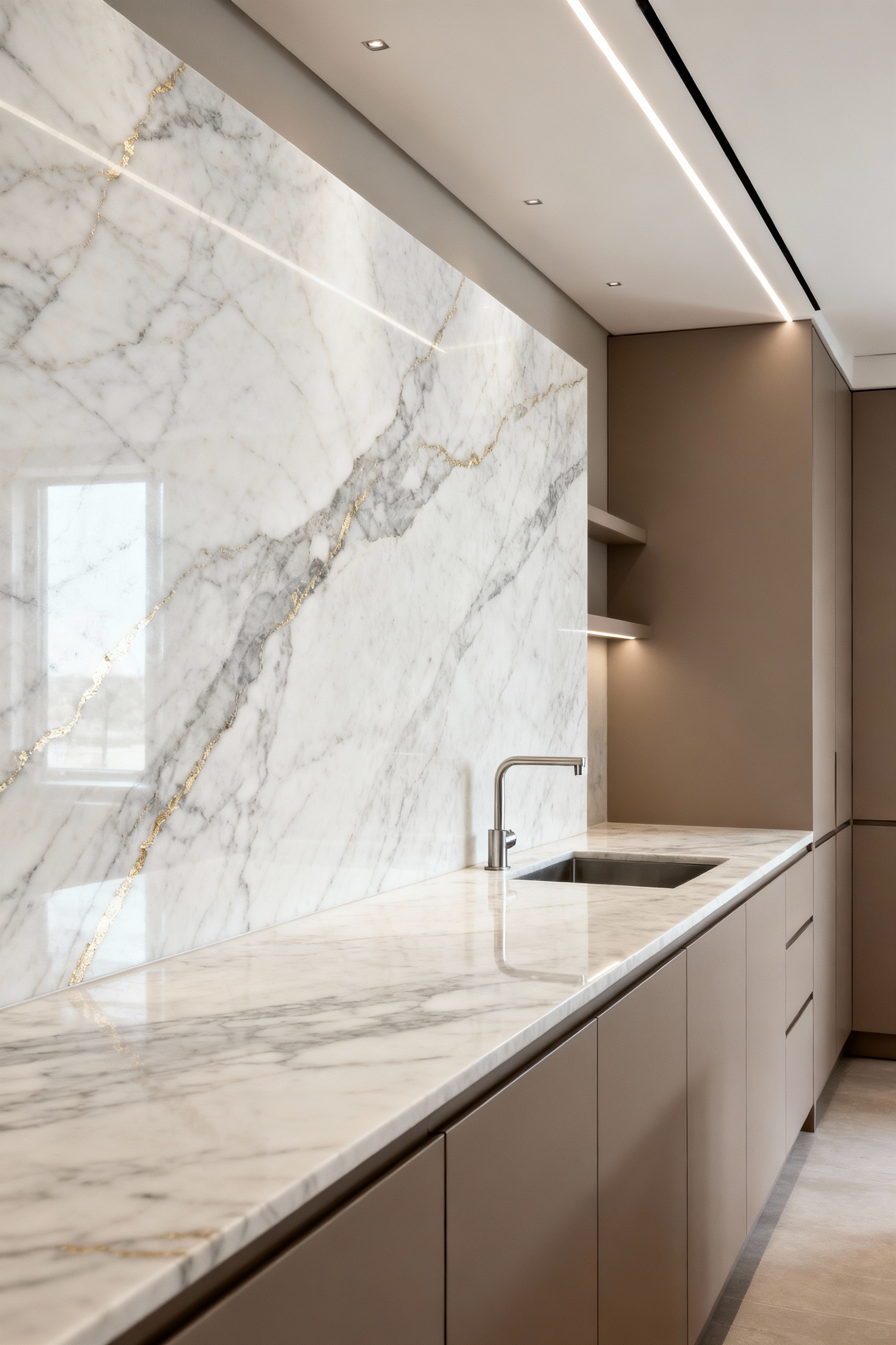 High-end kitchen featuring a continuous slab of polished white and grey quartzite extending seamlessly from the countertop to the ceiling, creating a monolithic, grout-free backsplash in a quiet luxury design.