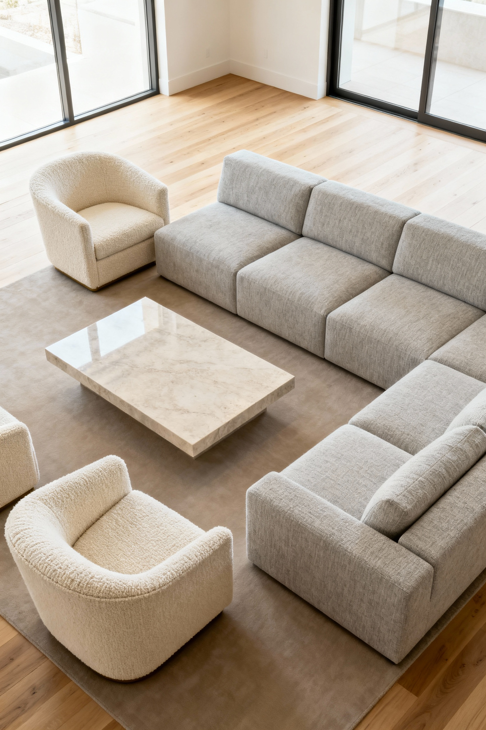 A luxury contemporary living room featuring a large, durable light grey sectional sofa and cream boucle armchairs, showcasing high-performance residential fabrics engineered for commercial endurance.