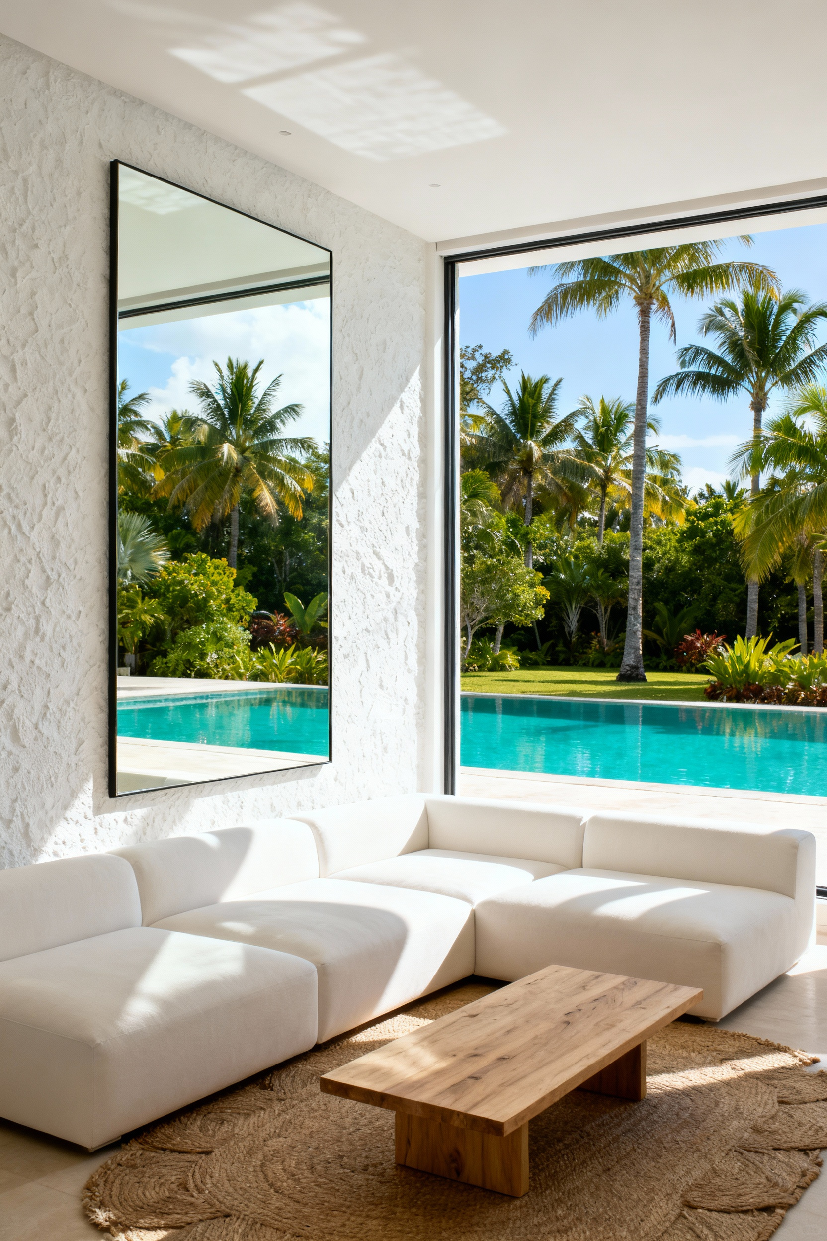 Expansive luxury living room featuring a massive full-length mirror perfectly positioned opposite a window to reflect a lush, sun-drenched tropical garden view, demonstrating seamless vista doubling.