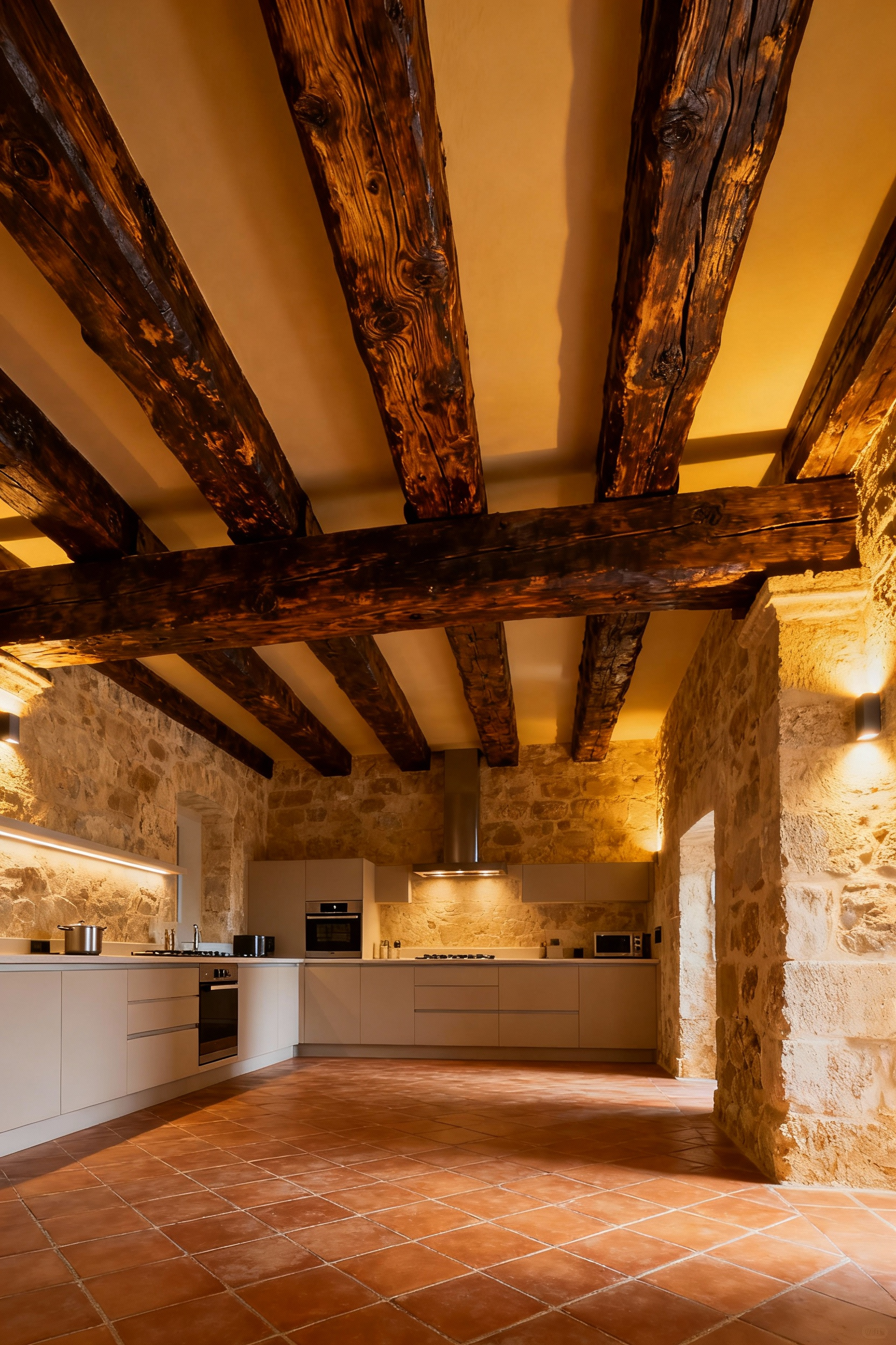 Mediterranean kitchen with prominent resurfaced oak timber beams on the ceiling, adding architectural definition and historical character.