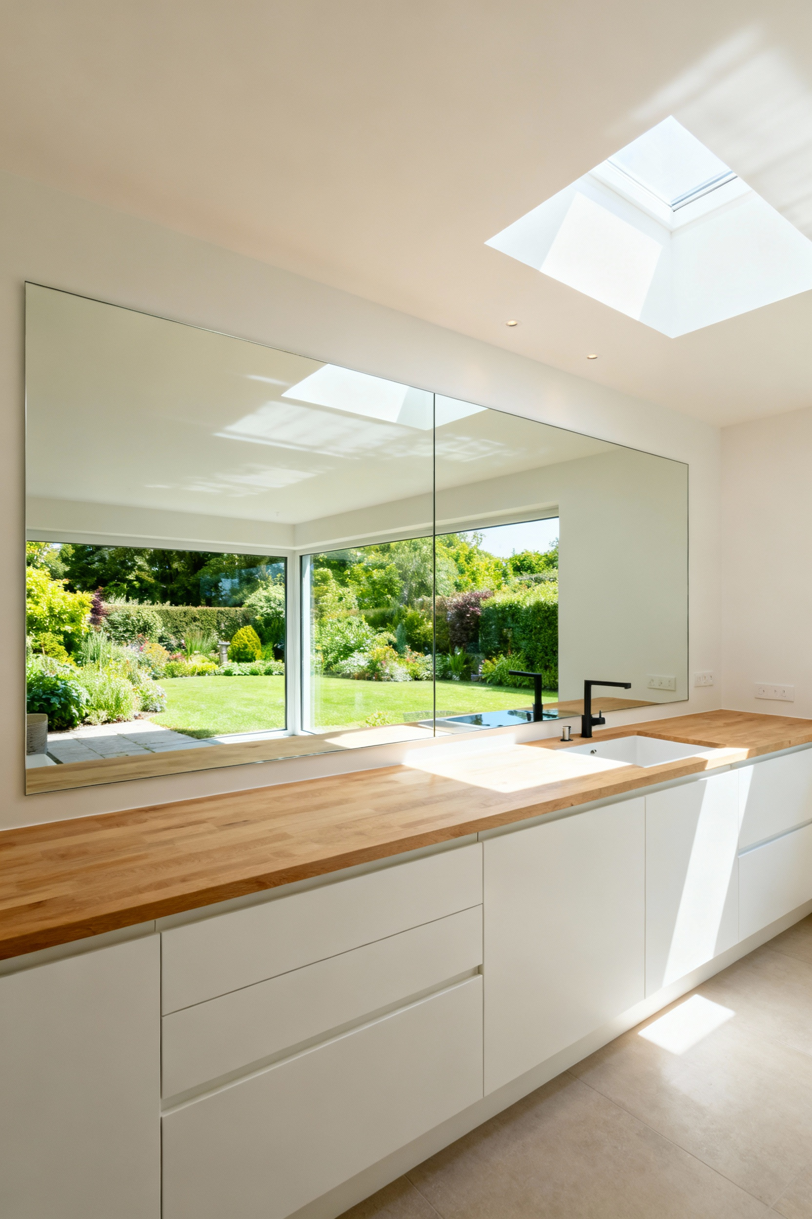 Bright kitchen with a large mirror on the wall reflecting a window and extending the perceived space and light. Budget-friendly kitchen mirror decor.