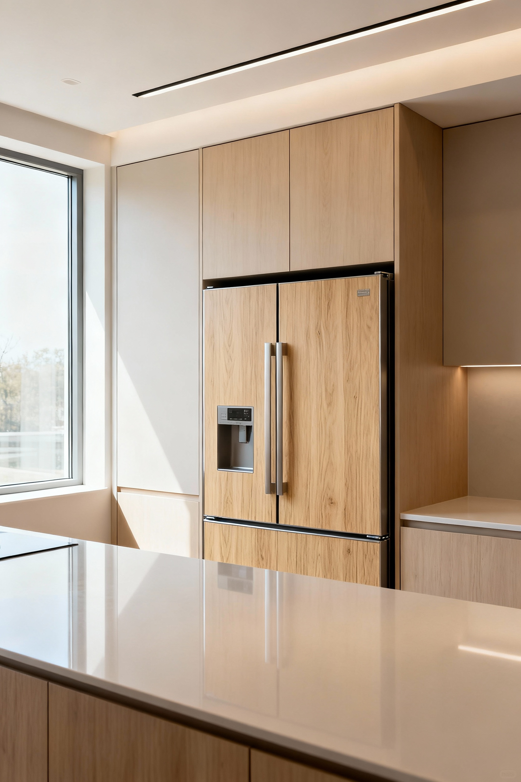 Kitchen with refrigerator camouflaged into light wood cabinets using vinyl wrap for a seamless and unified look