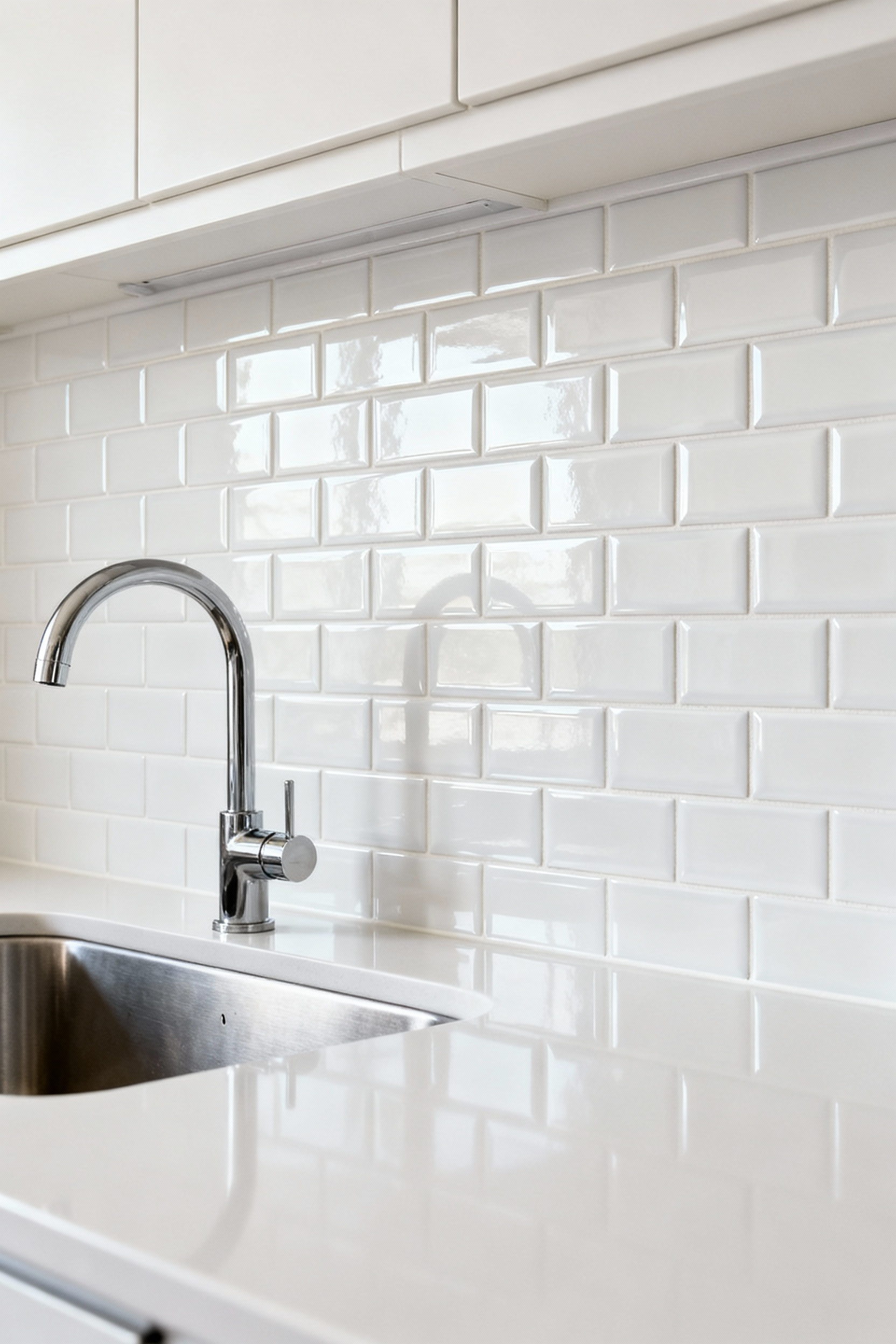 Close-up portrait of a modern kitchen wall featuring a meticulously installed white subway tile peel-and-stick backsplash, protecting the wall above a clean countertop and sink, highlighting its seamless, high-quality appearance.