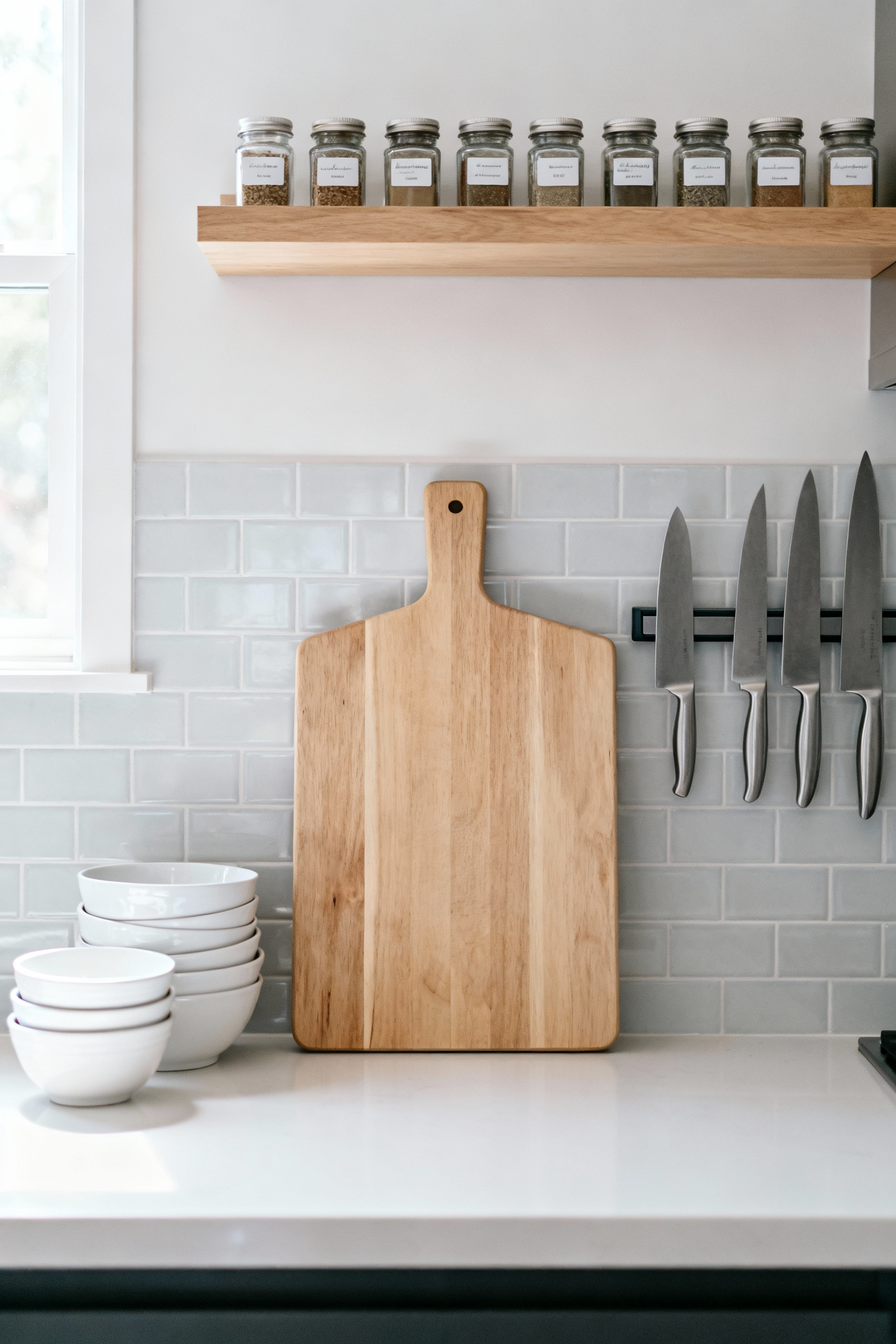 A perfectly organized kitchen prep zone featuring a wooden cutting board, white mixing bowls, and magnetic knife block against a light backsplash, embodying an efficient zoned kitchen layout.