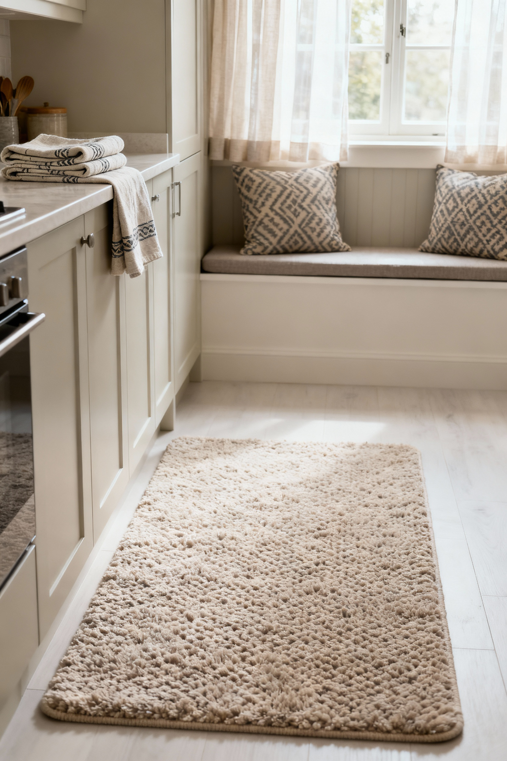 A cozy kitchen scene with soft textiles including a patterned rug, linen dish towels, and plush cushions on a bench, enhancing warmth and style.