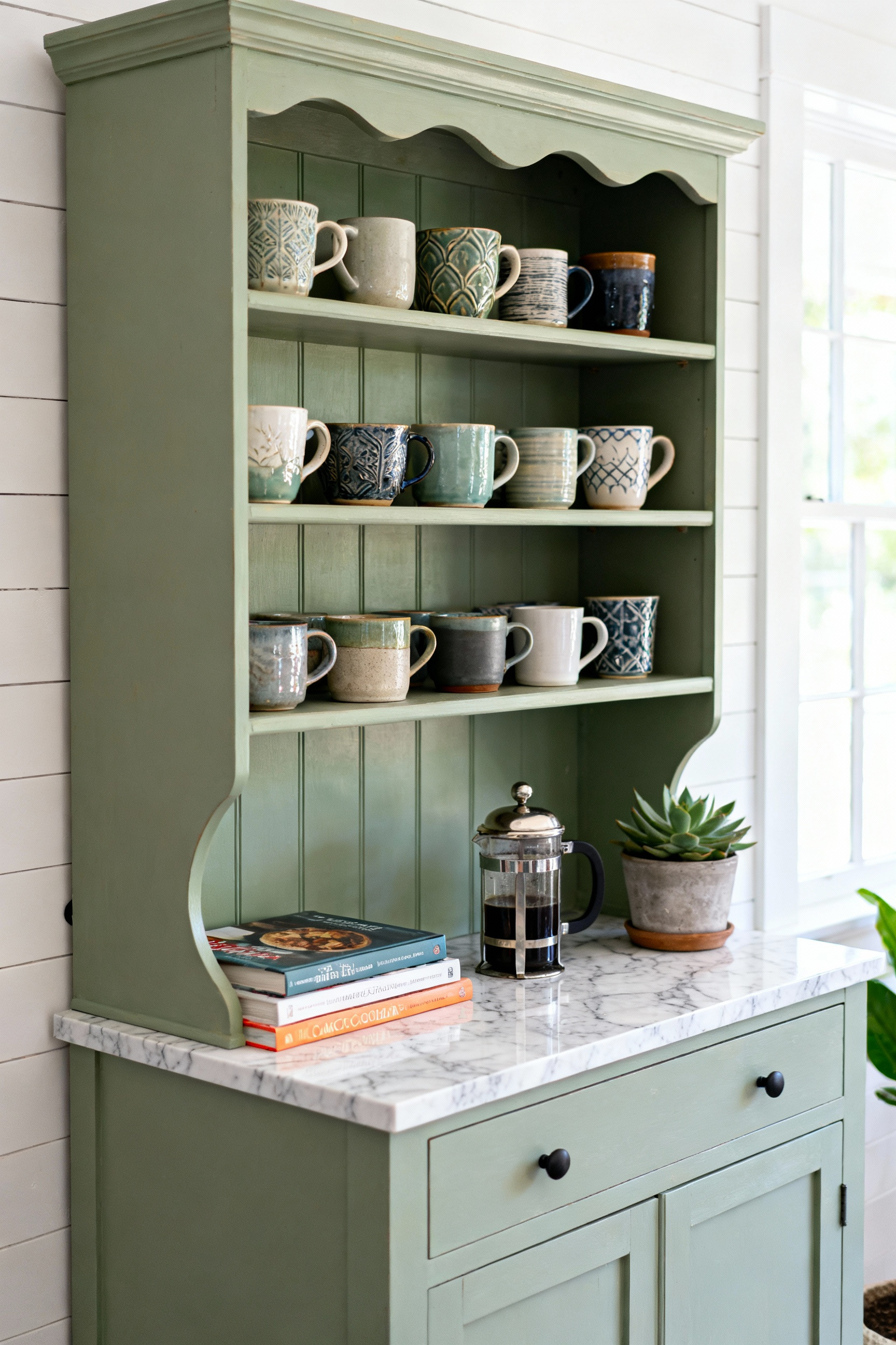 A beautifully repurposed vintage green hutch in a kitchen acting as a coffee bar, displaying thrifted ceramic mugs and a French press, lit by natural light.