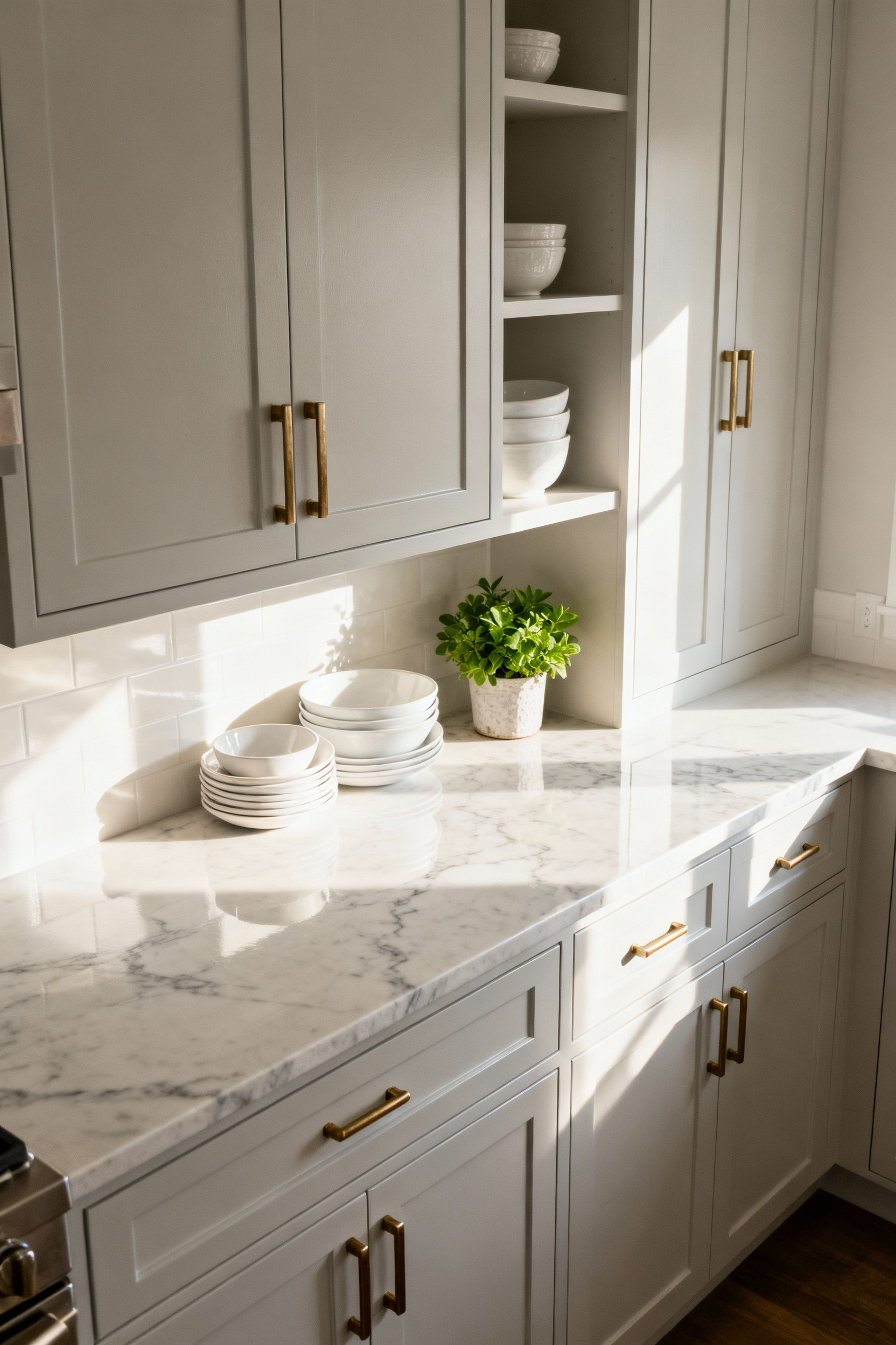 Freshly painted greige kitchen cabinets with new brushed brass hardware, showcasing a budget-friendly kitchen transformation.