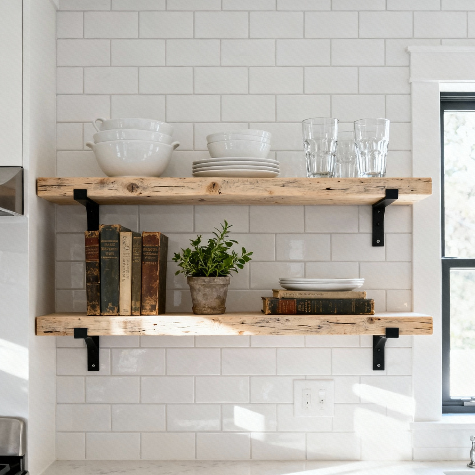 Kitchen open shelving with white ceramic dishes, glass tumblers, and a green plant, showcasing character and accessible storage.
