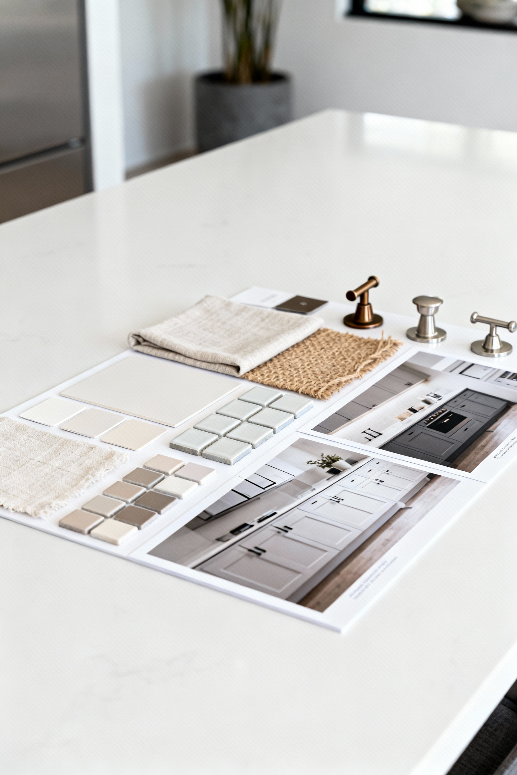 A detailed physical kitchen mood board with various design elements for budget-friendly styling, featuring paint swatches, tile samples, fabric textures, and kitchen decor images.