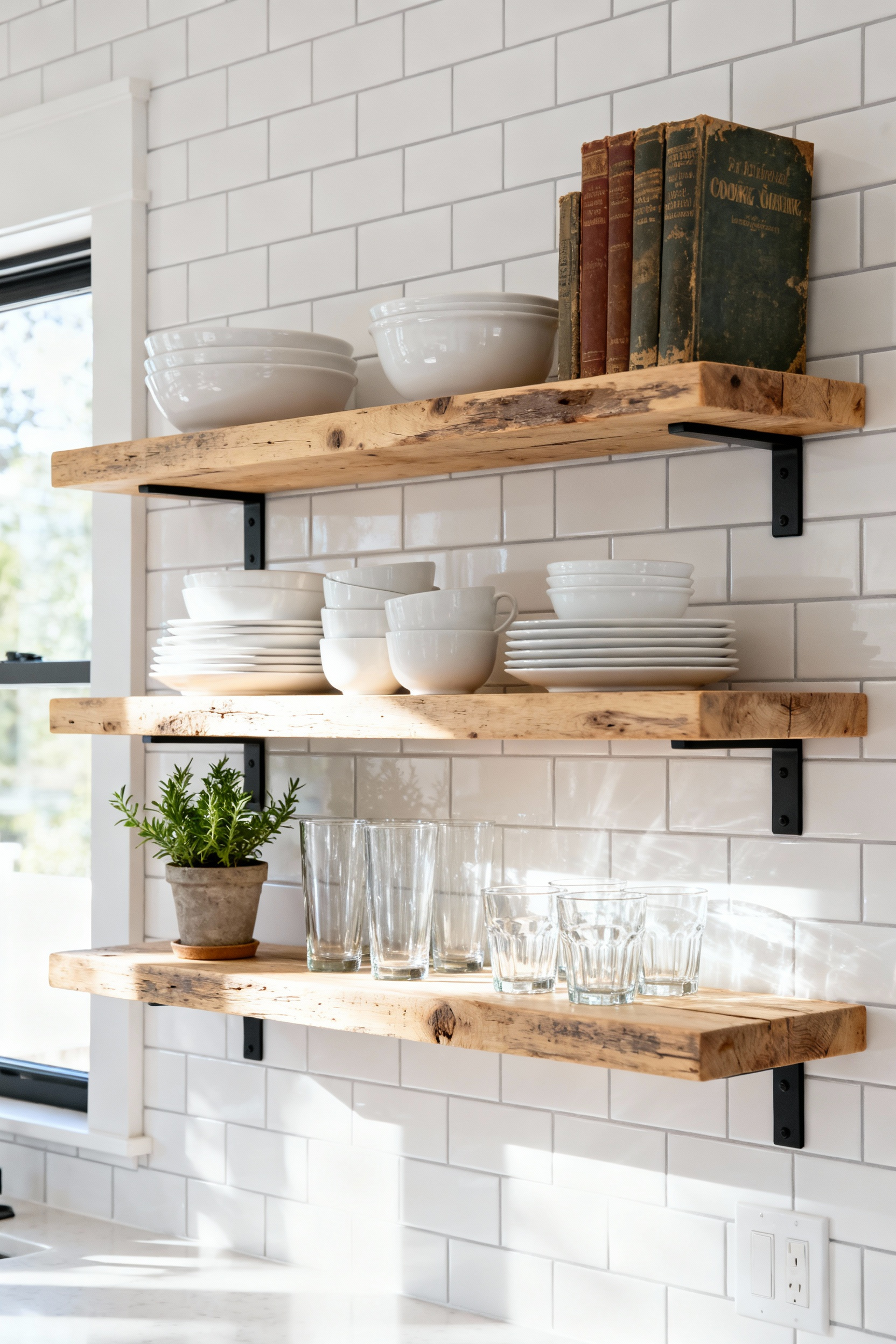 Kitchen open shelving with white ceramic dishes, glass tumblers, and a green plant, showcasing character and accessible storage.