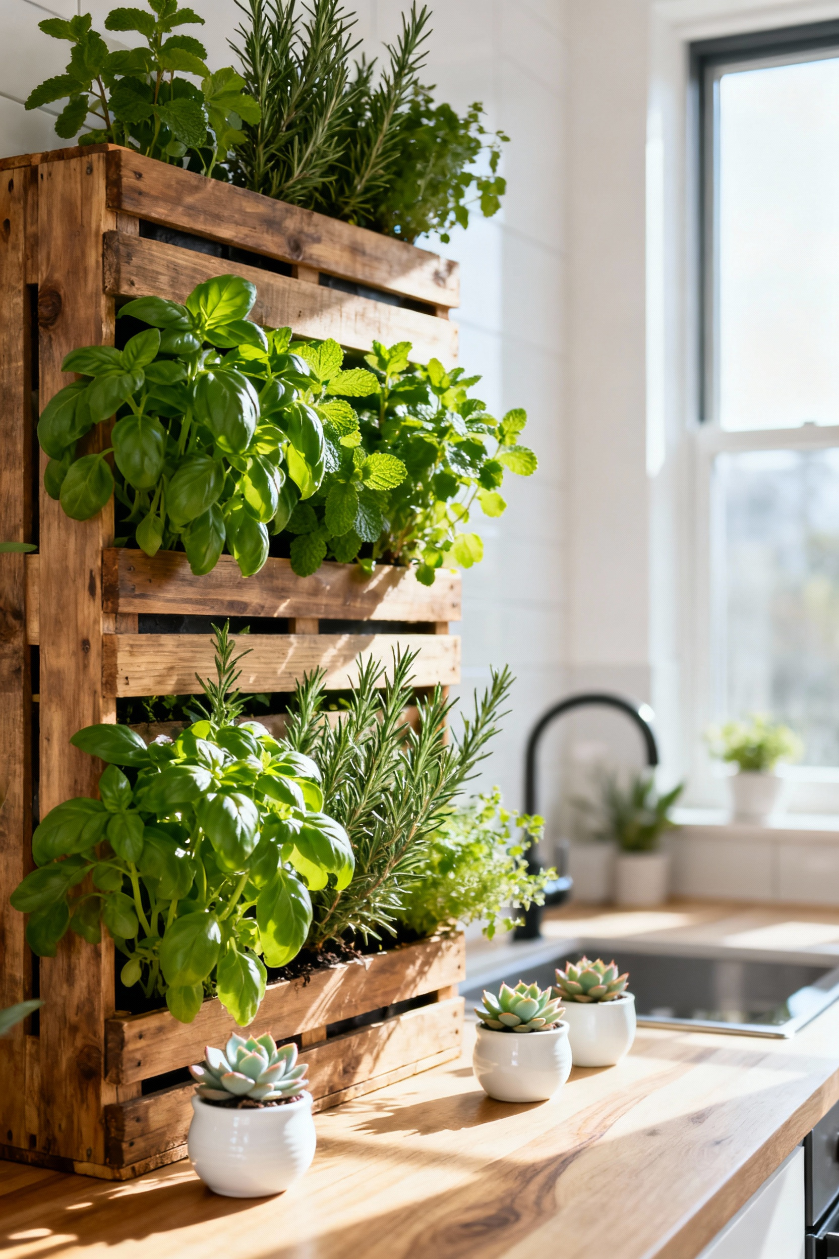 Vibrant vertical herb garden in a modern kitchen, featuring repurposed wooden crates with basil, mint, and rosemary. Natural light. Adds freshness and charm.
