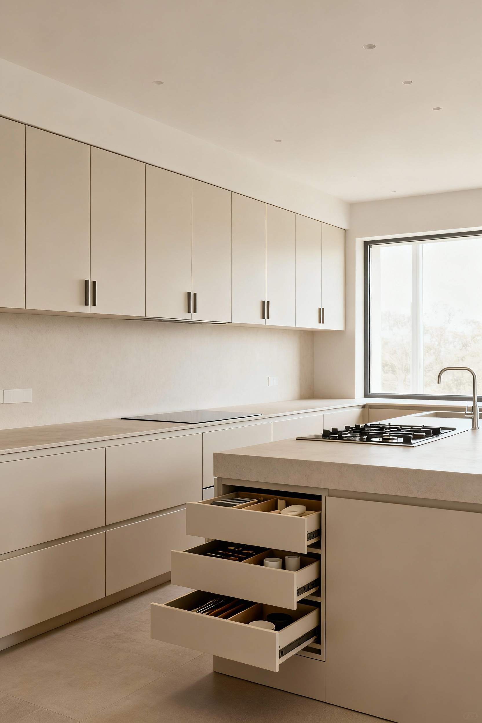 A modern kitchen showcasing ergonomic cabinet design with automated wall cabinets and organized drawers for seamless accessibility and efficient workflow.