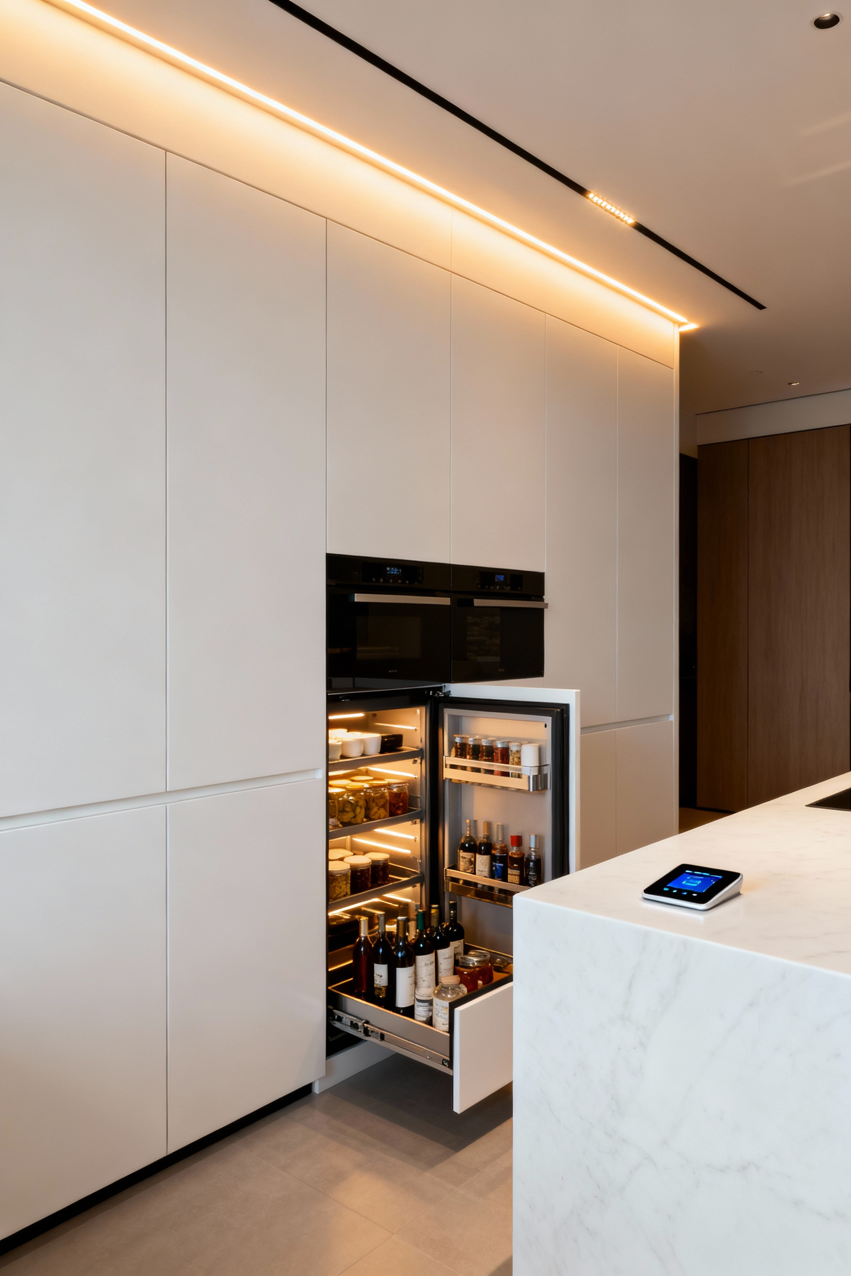 Modern luxury kitchen featuring white handleless smart cabinets with automated opening and interior sensor lighting. Smart storage solutions, intelligent cabinetry design.