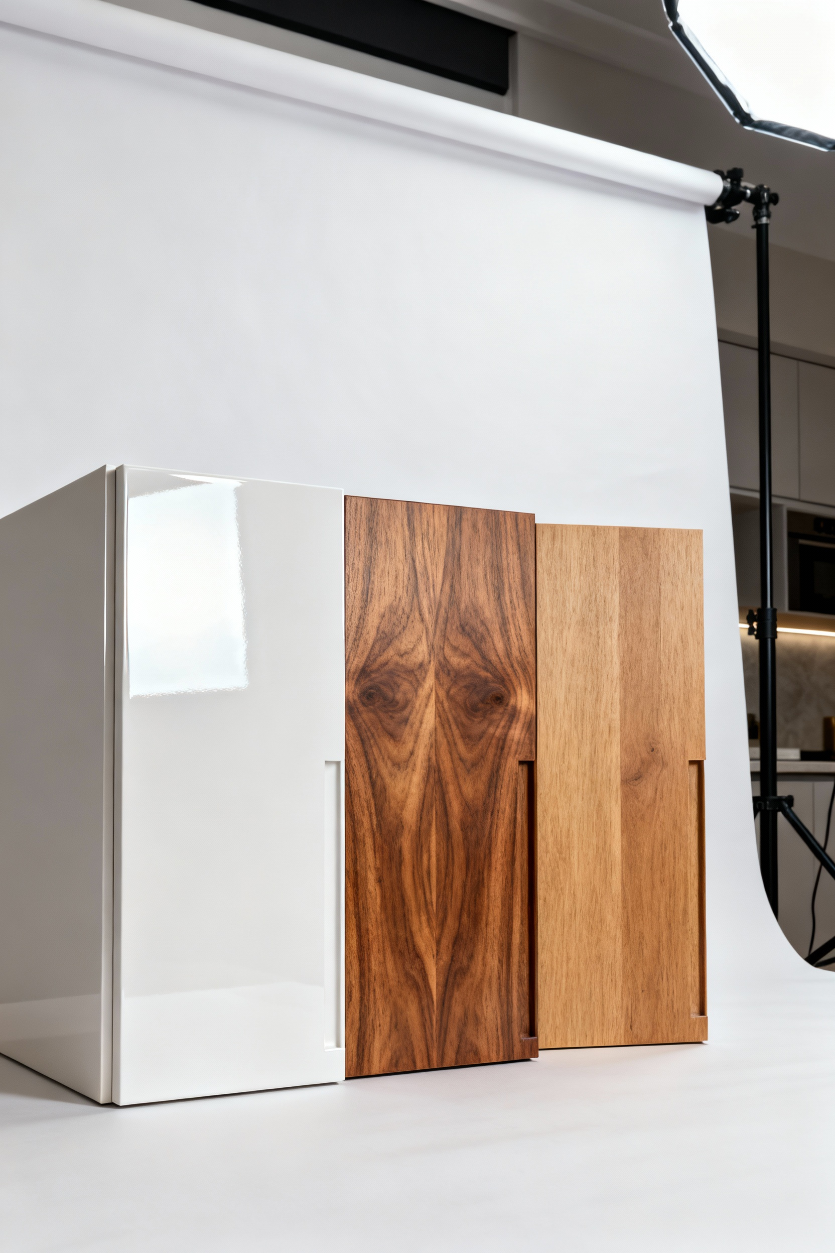 Three samples of luxury kitchen cabinet finishes: high-gloss white lacquer, book-matched walnut veneer, and natural solid oak, showcasing different textures and reflective qualities.