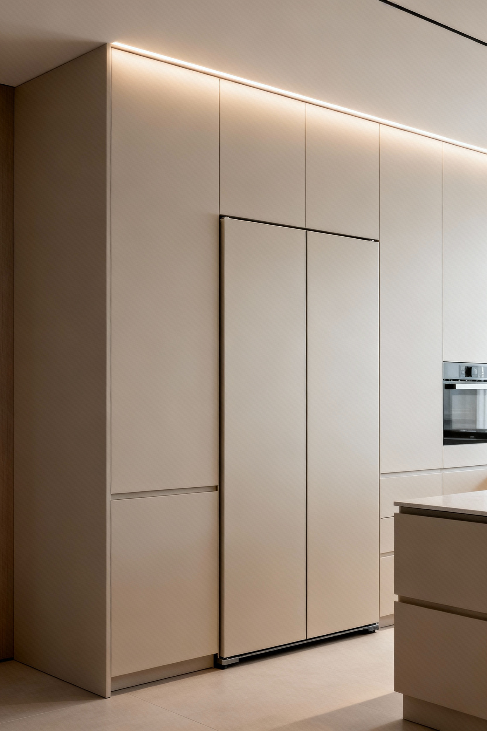A luxurious minimalist kitchen featuring integrated paneling, where the refrigerator is completely concealed by custom cabinet fronts, creating a seamless and elegant design.