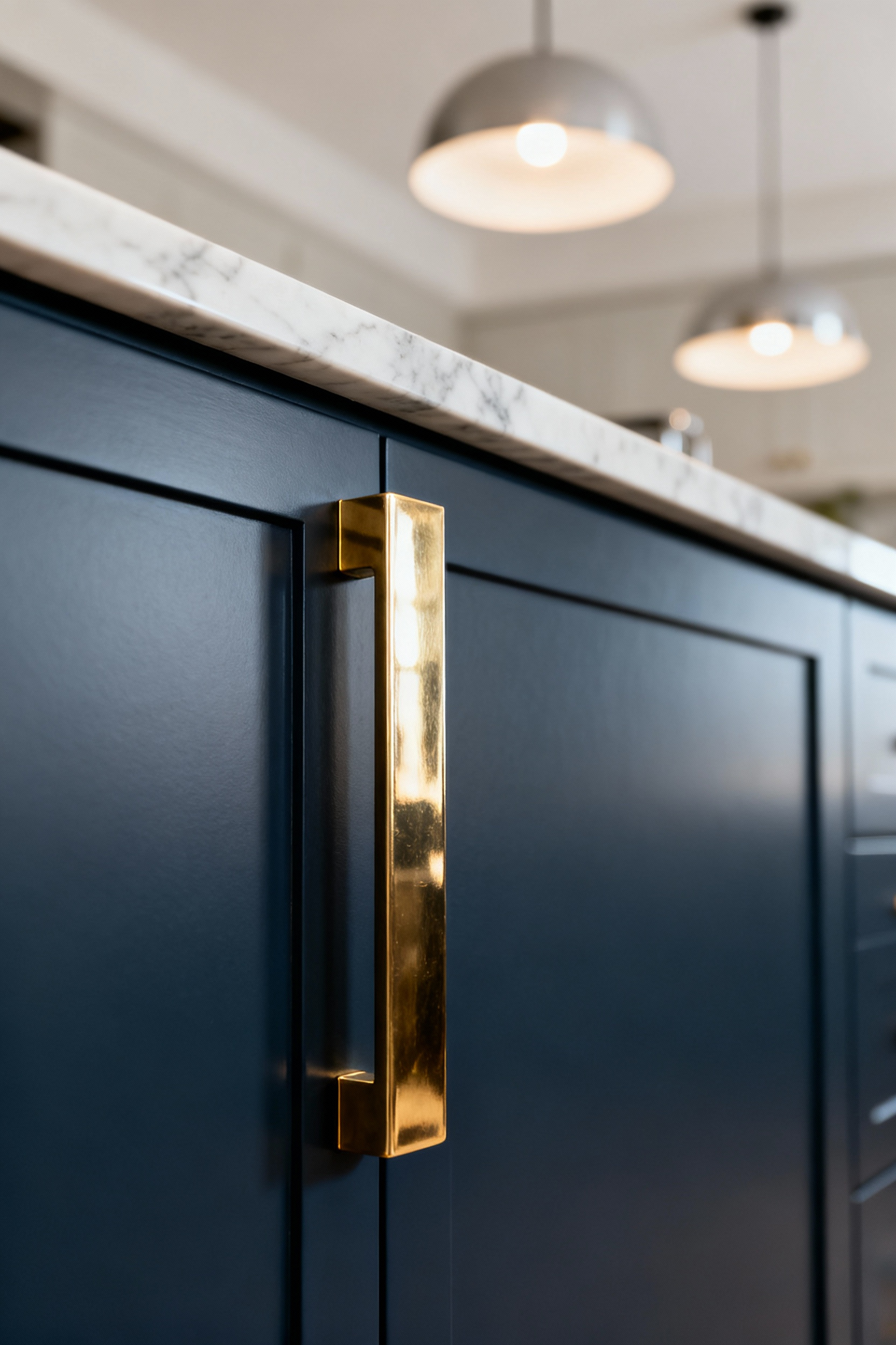 Luxury kitchen cabinet with an oversized, burnished brass pull handle, showcasing statement hardware and architectural impact.