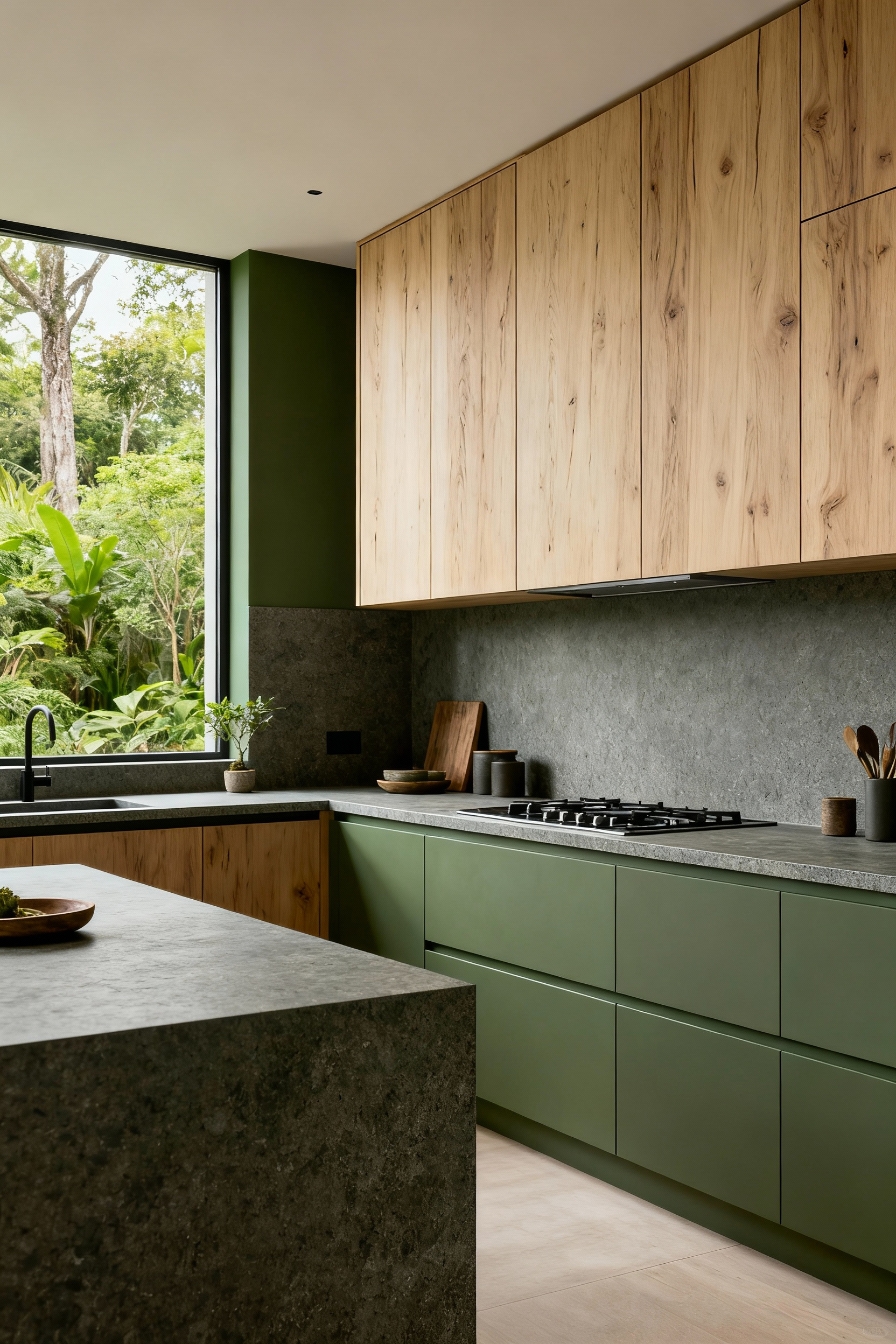 Portrait view of a biophilic luxury kitchen with white oak cabinets, basalt countertops, and earthy tones, illuminated by natural light.
