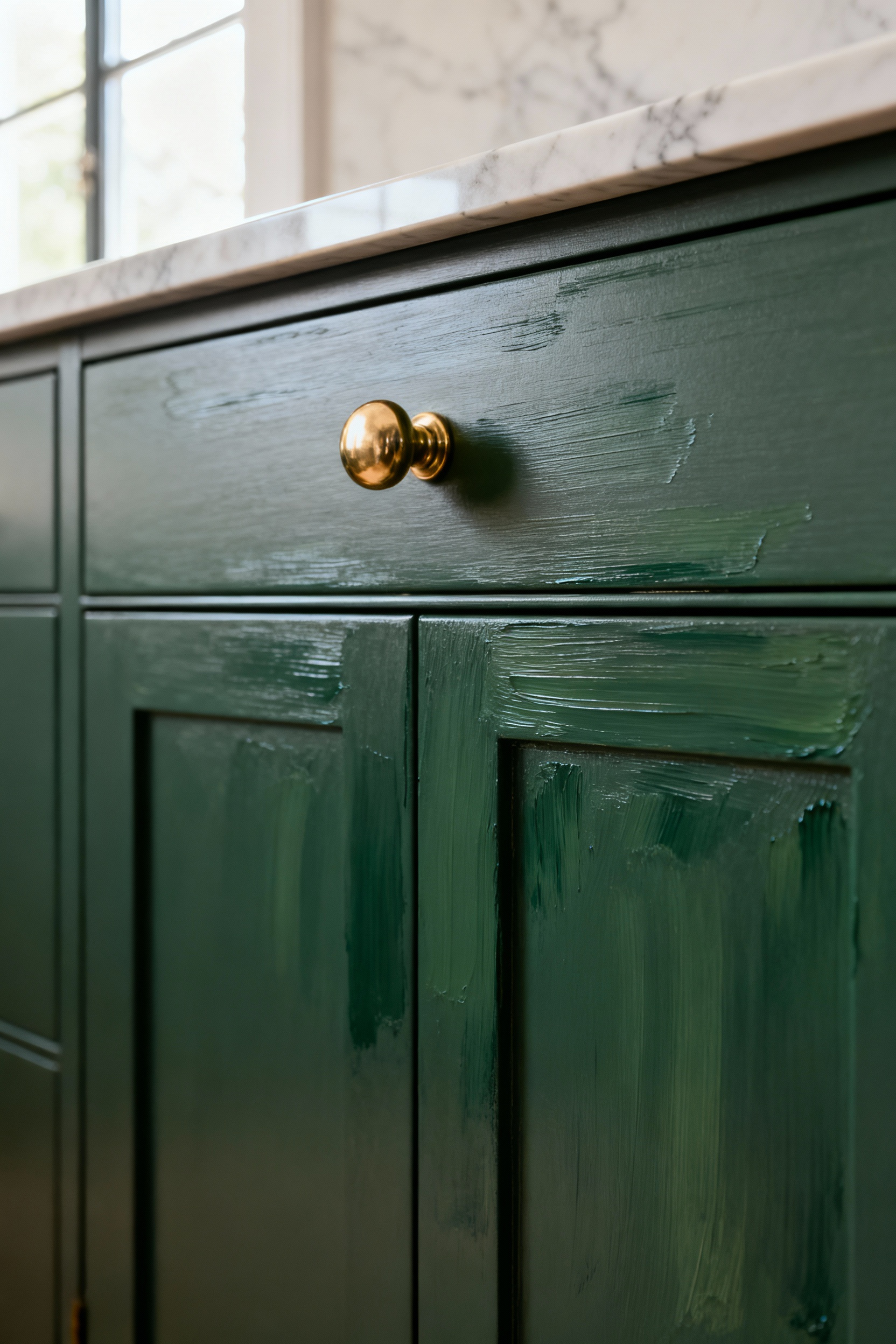 Luxurious hand-painted sage green kitchen cabinet with polished brass knob, showcasing detailed artisan brushwork and rich texture under soft natural light.
