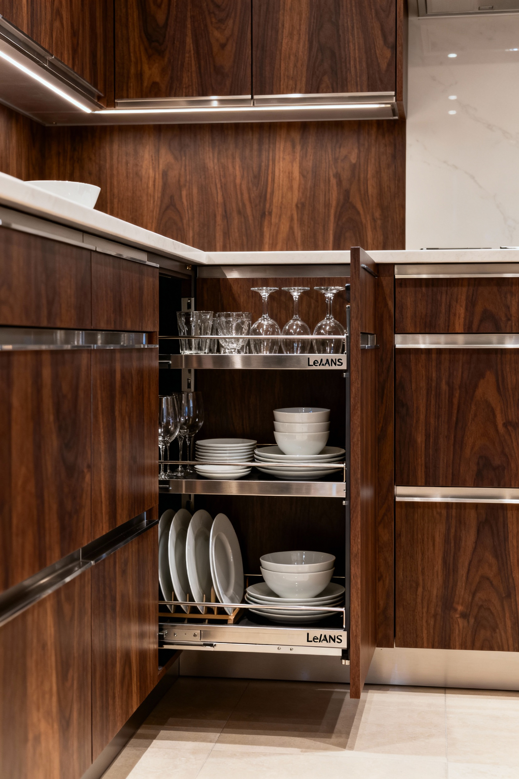 Modern kitchen with a sophisticated LeMans pull-out corner cabinet, dark wood finish, showing organized dinnerware on chrome shelves, demonstrating efficient kitchen corner storage solutions.