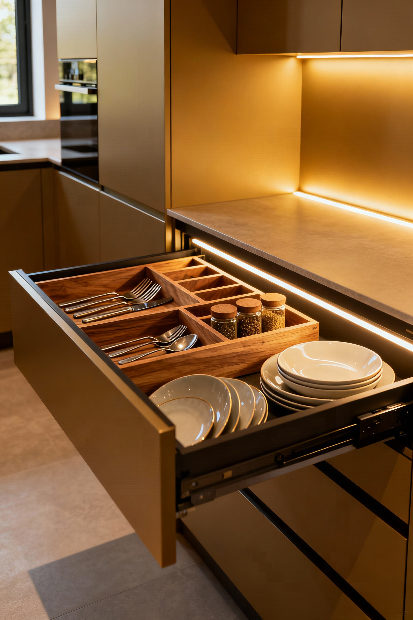 Custom kitchen interior organization with bespoke wooden drawer inserts, cutlery organizers, and smart storage systems, tailored for utility and luxury.