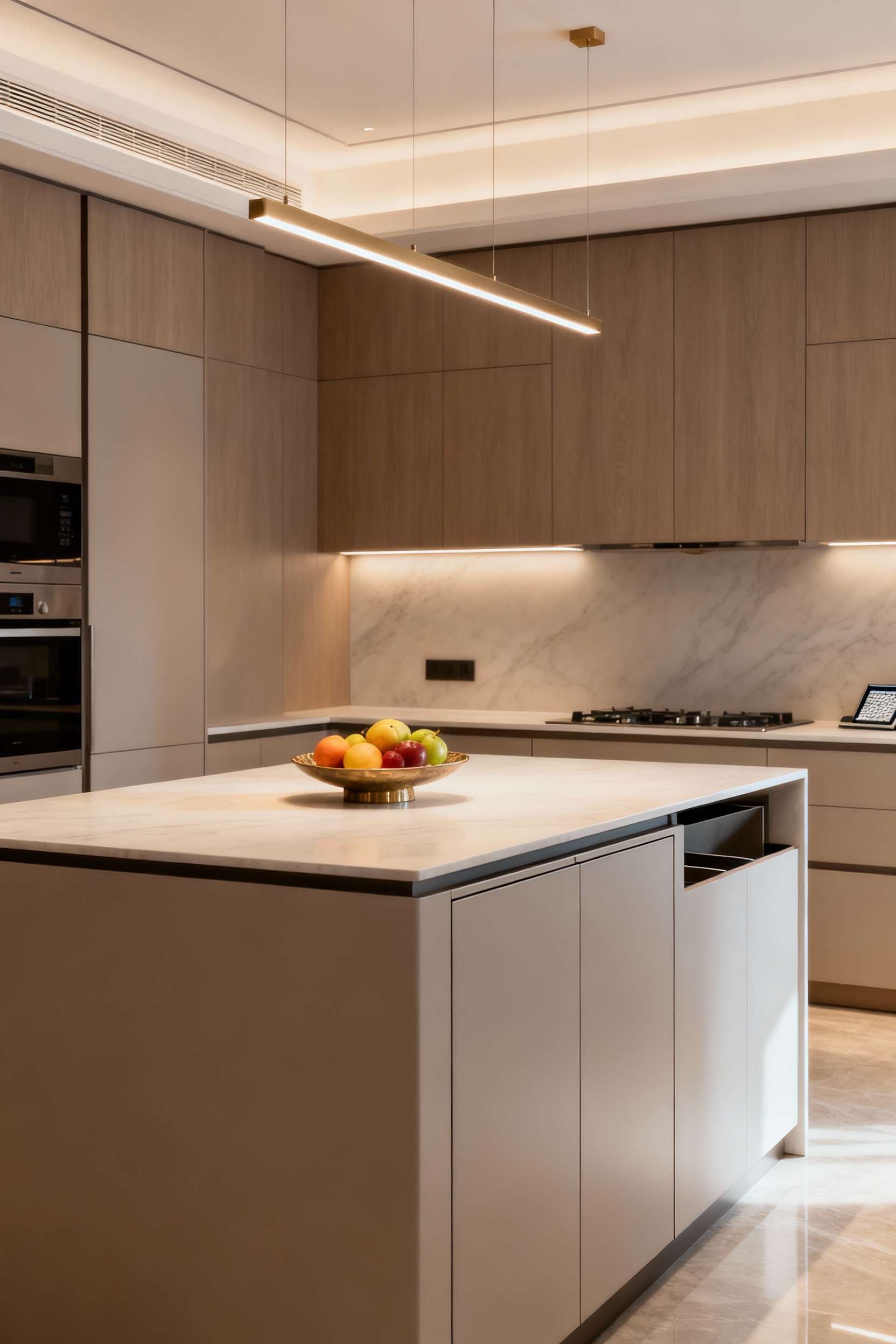 Modern luxury kitchen featuring a seamlessly integrated and concealed waste management system within sleek, flush cabinetry, highlighting impeccable hygiene and design.
