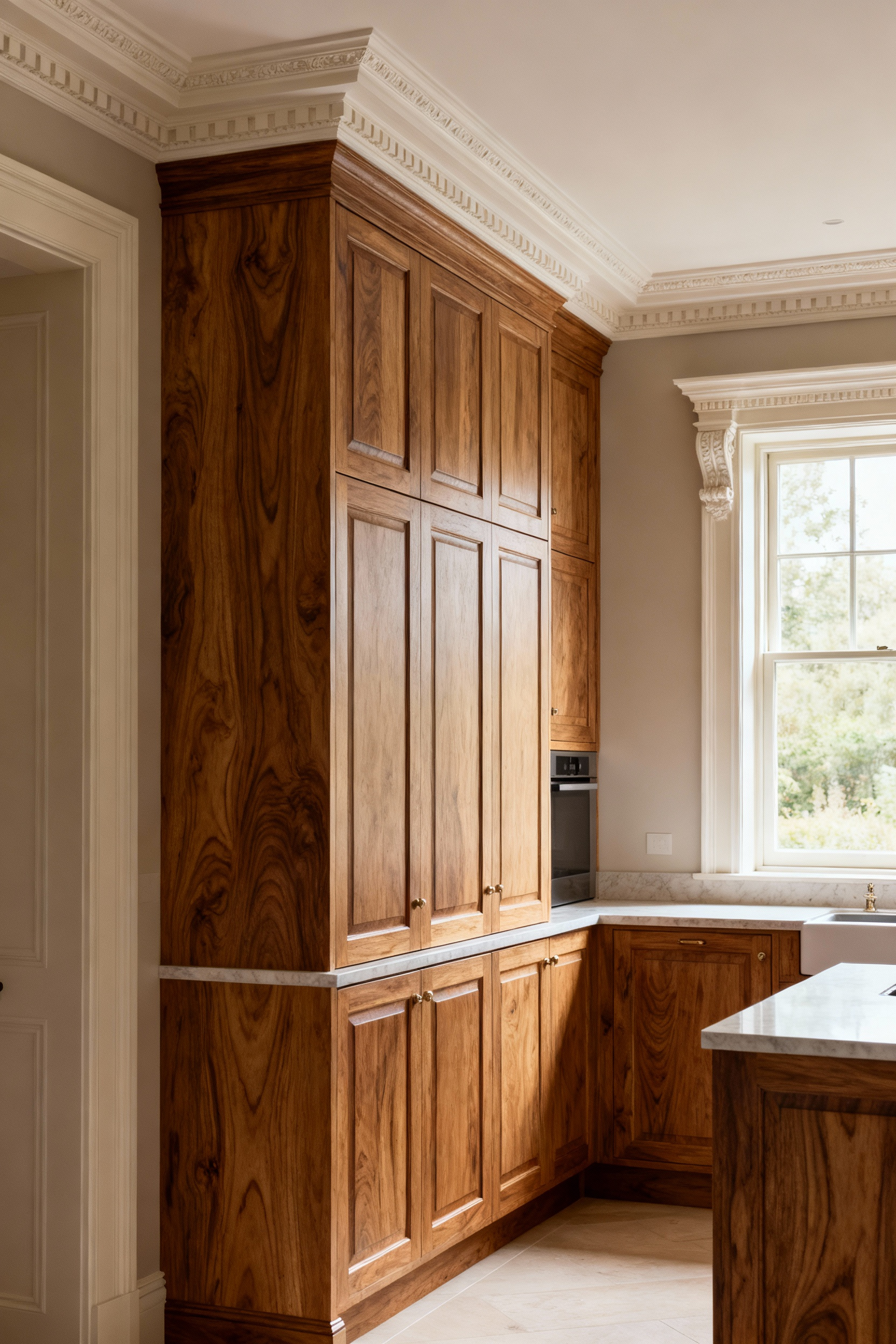 Portrait photo of a luxurious kitchen where inset cabinets with custom paneling and brass hardware seamlessly blend with the home's elegant Georgian architectural details and original moldings, showcasing integrated design cohesion.