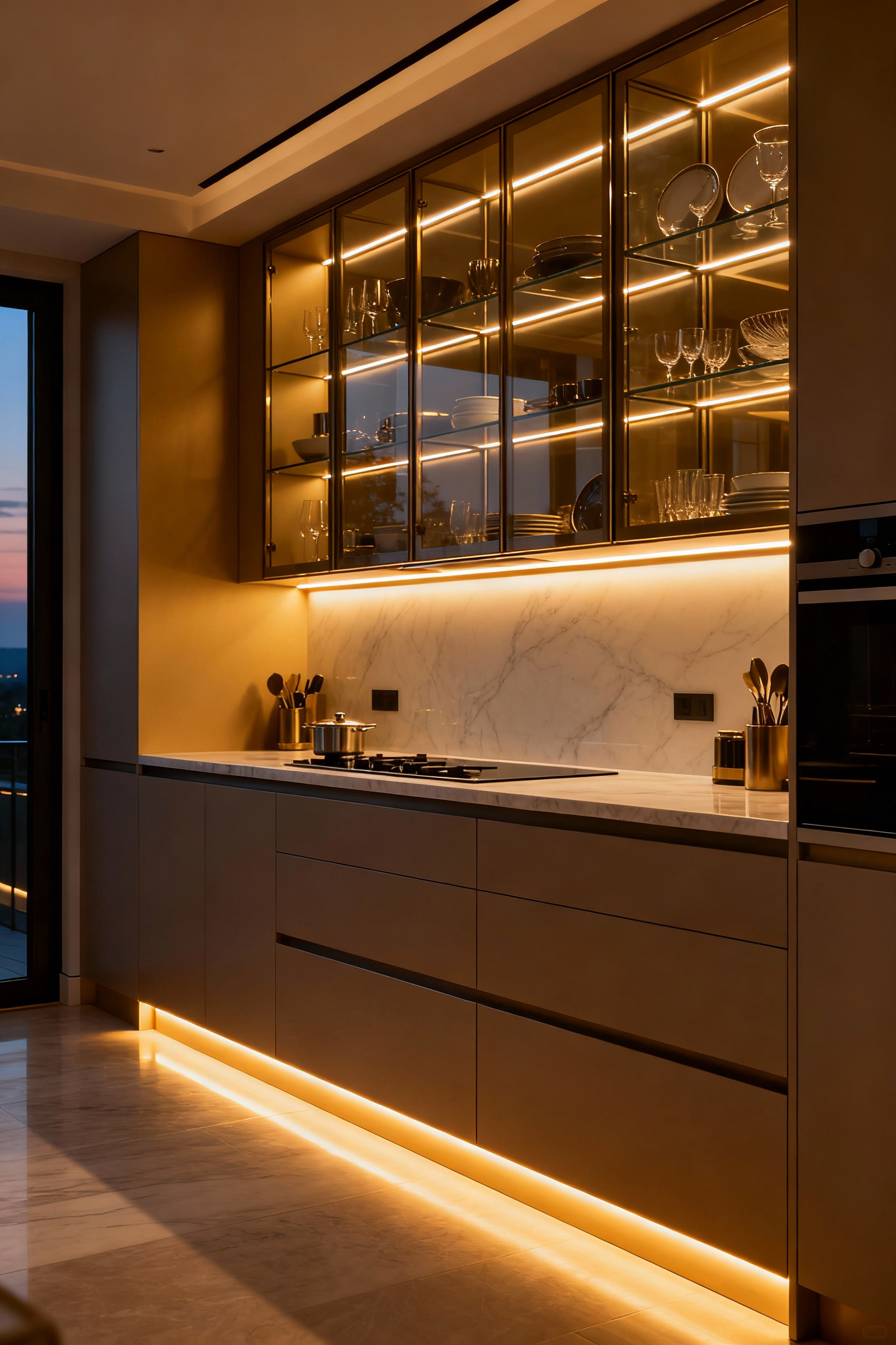 Luxury kitchen with under-cabinet, in-cabinet, and toe-kick discrete lighting creating both ambience and task clarity.