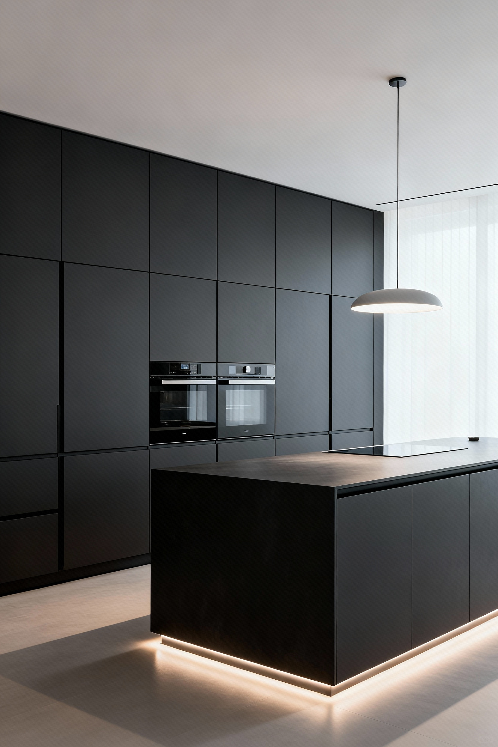 Sleek matte charcoal minimalist kitchen cabinets with hidden hardware and integrated appliances, promoting a less-is-more design philosophy.