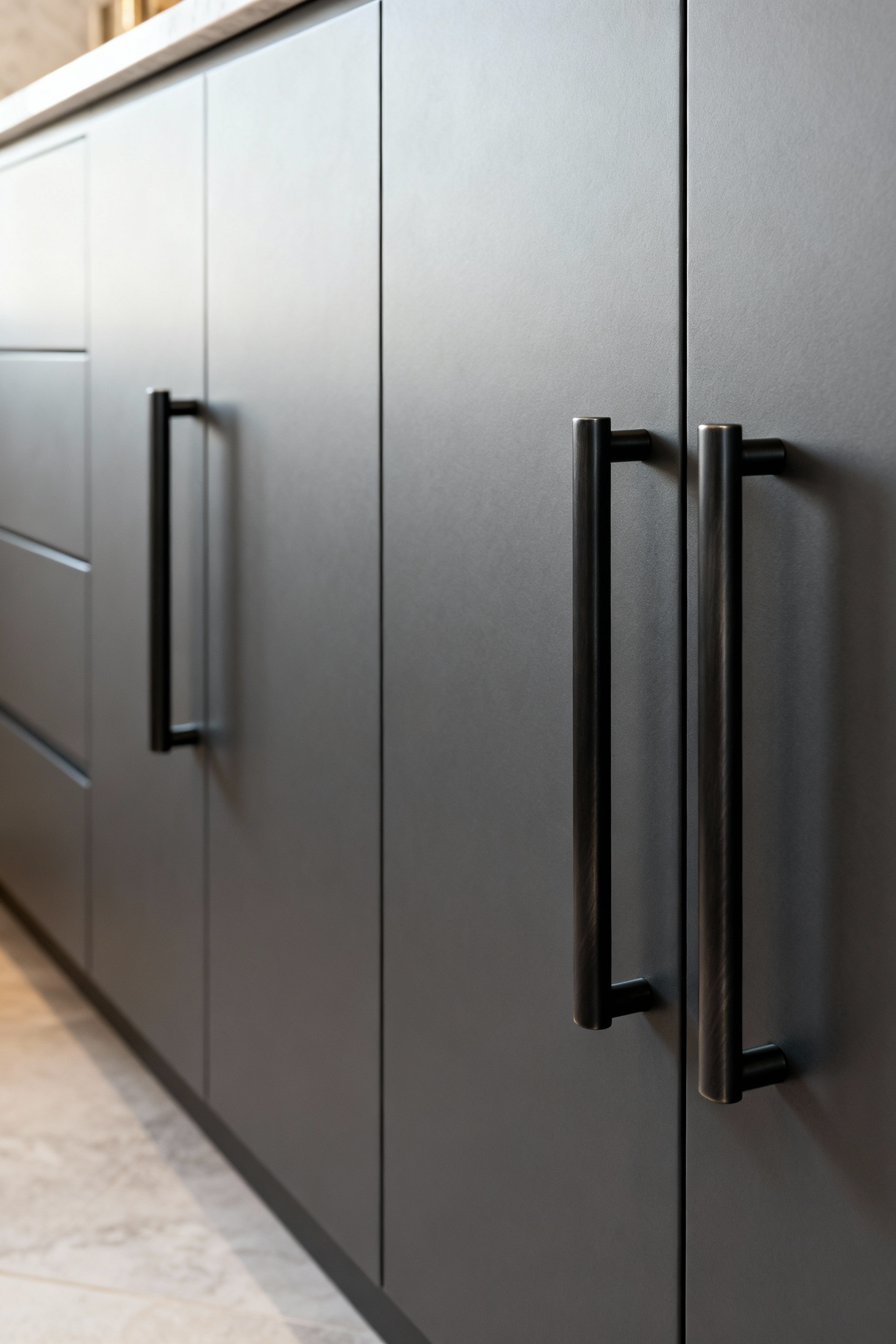 Luxurious dark grey kitchen cabinet with elegant brushed black nickel pull handle, perfectly positioned for ergonomic use, highlighting the thoughtful design of cabinet hardware placement in a modern kitchen.