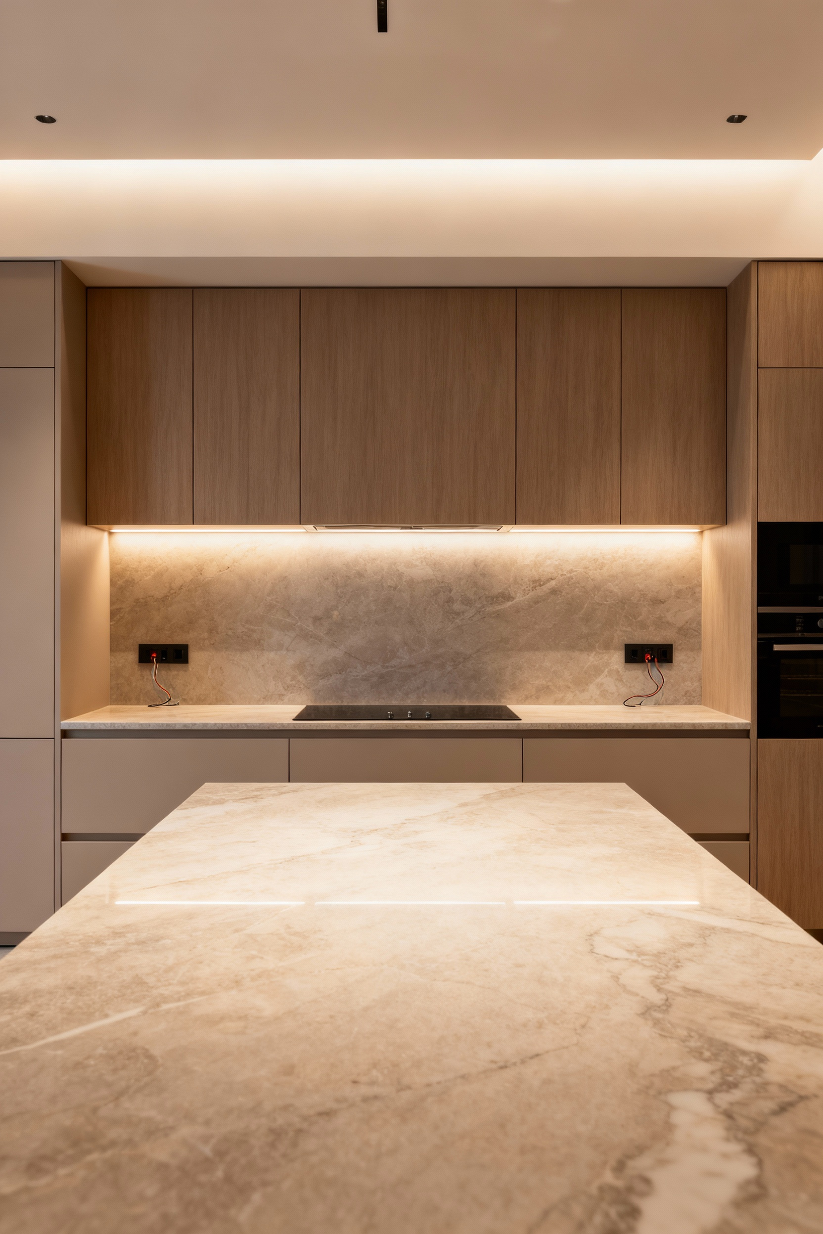 Modern kitchen featuring future-proof cabinet design, showcasing sleek architectural-grade veneers, handleless doors, subtle smart technology integration, and durable engineered stone countertops.
