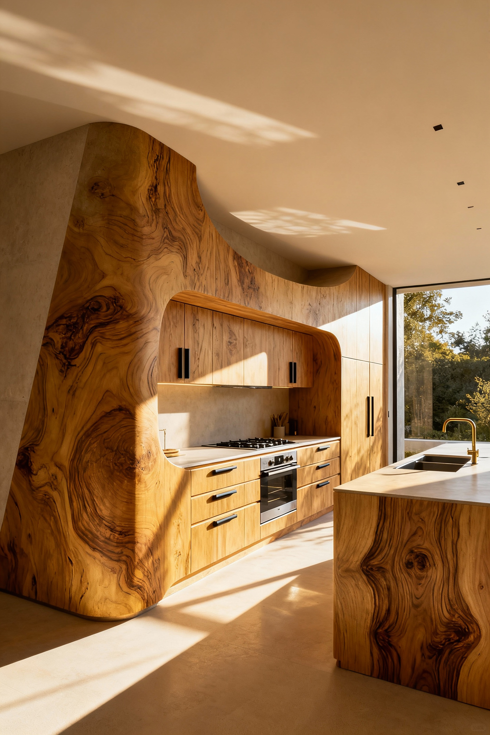Luxury kitchen with bespoke joinery, custom-fit wooden cabinets, integrated handles, seamless design, high-end craftsmanship, minimalist kitchen aesthetic.
