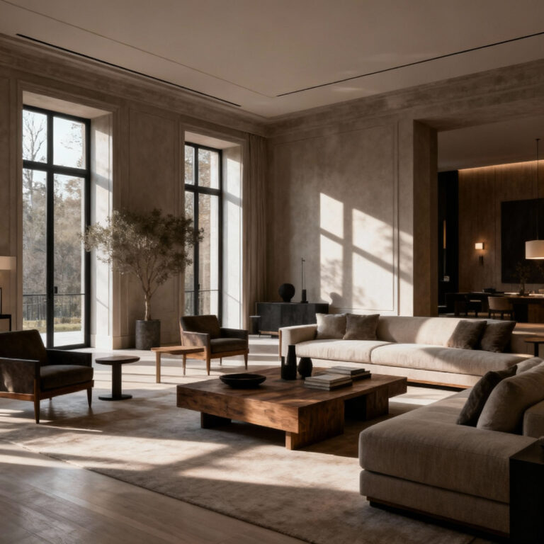 Luxurious living room showcasing perfectly calibrated proportions, featuring diverse furniture heights, clear circulation paths, and an elegant, serene atmosphere.