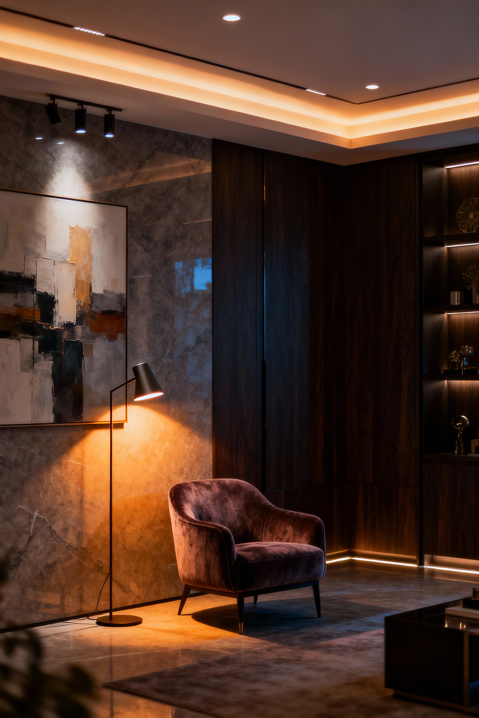 Luxurious living room in portrait orientation showcasing an elegant layered lighting design with warm ambient cove lighting, focused task lighting from a floor lamp, and accent spotlights highlighting a painting and bespoke joinery, creating depth and ambiance.