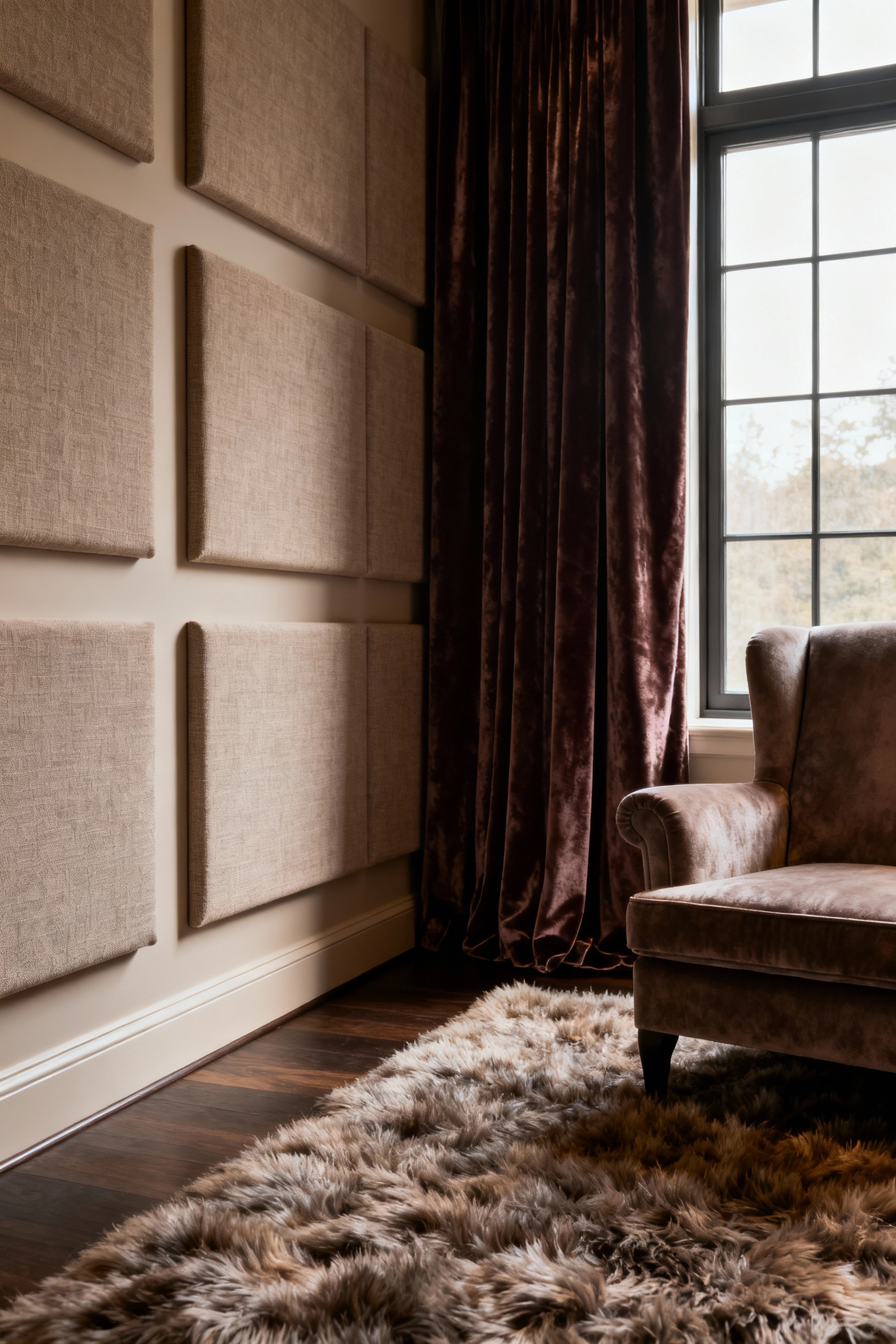 Luxurious living room corner with subtly integrated sound-absorbing fabric panels, heavy velvet drapes, and a plush rug, creating a serene and acoustically refined atmosphere.