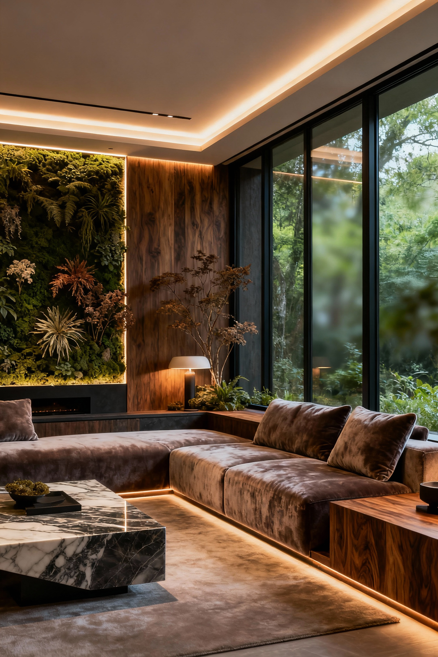 Luxurious living room designed as a sanctuary, featuring biophilic elements, soft chiaroscuro lighting, brushed velvet furniture, polished marble, and rich timber. The room promotes holistic well-being and retreat.