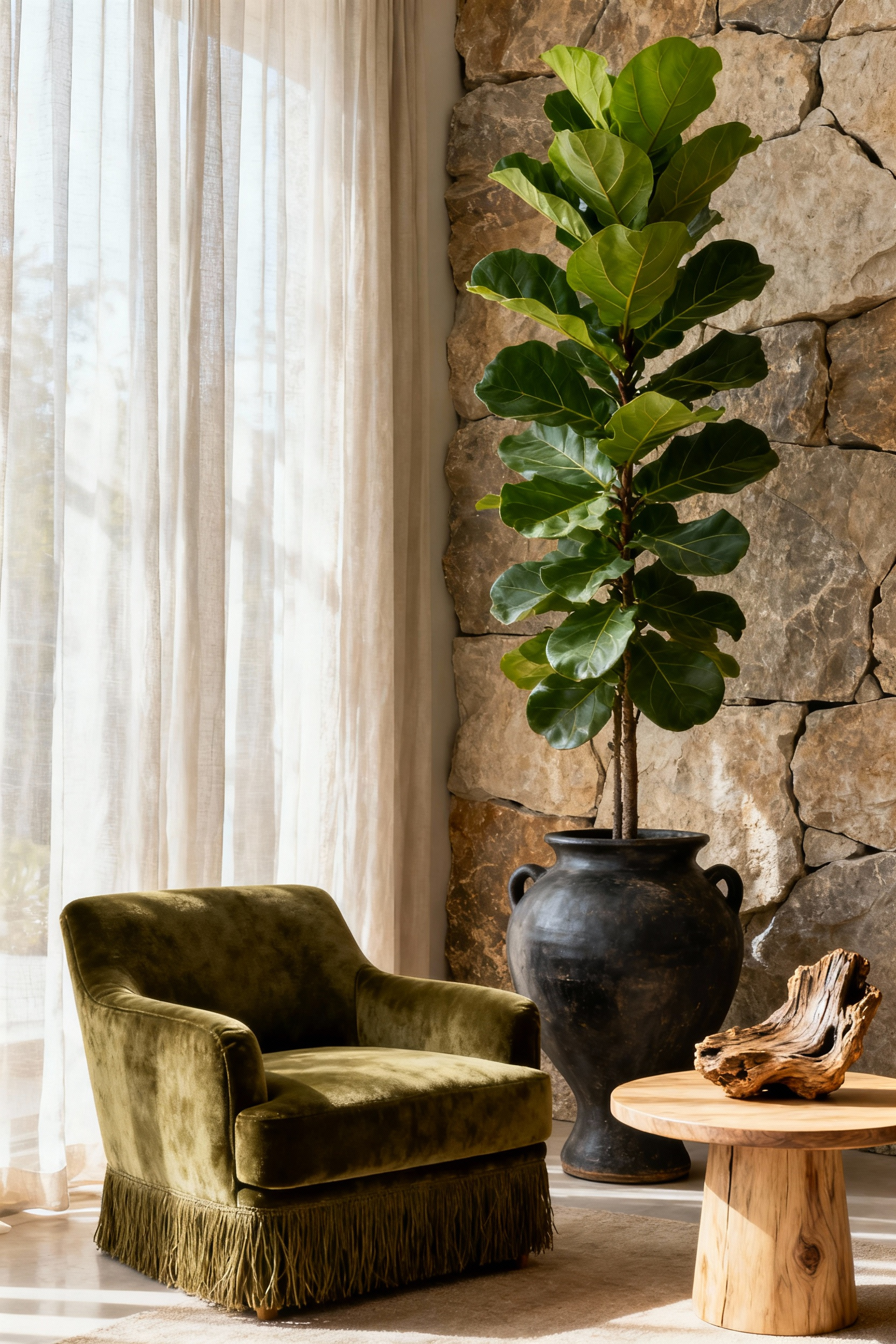 Luxurious living room corner with a tall Fiddle-Leaf Fig plant in a dark ceramic planter, an unpolished stone accent wall, and an olive green velvet armchair, showcasing biophilic design.
